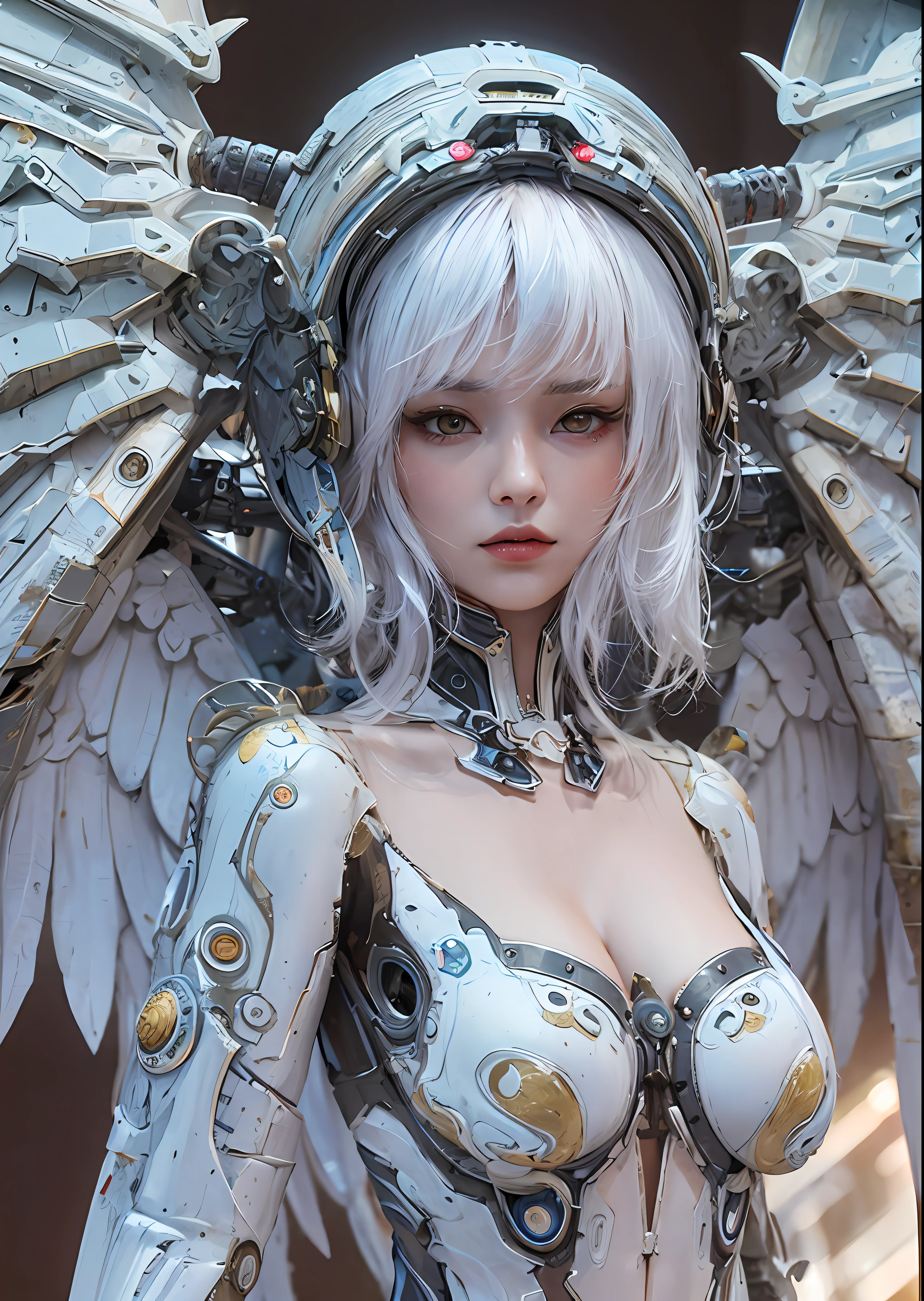 top-quality、masterpiece、超A high resolution、(Photorealsitic:1.4)、Raw photo、Cyborg Angel、large wings made of metal、White porcelain body、white hair、glowy skin、1 Cyborg Girl、((super realistic details))、portlate、globalillumination、Shadow、octan render、8K、ultrasharp、character edge light,Colossal tits、Raw skin is exposed in cleavage、Details of complex ornaments、Acrylic Clear Parts Cover、Detailed hydraulic cylinders from Sumer、Small LED lamp、highly intricate detail、Realistic light、a purple eye、radiant eyes、Facing the camera、neon details、cowboy shot、Futuristic headgear、About Cyberpunk、、