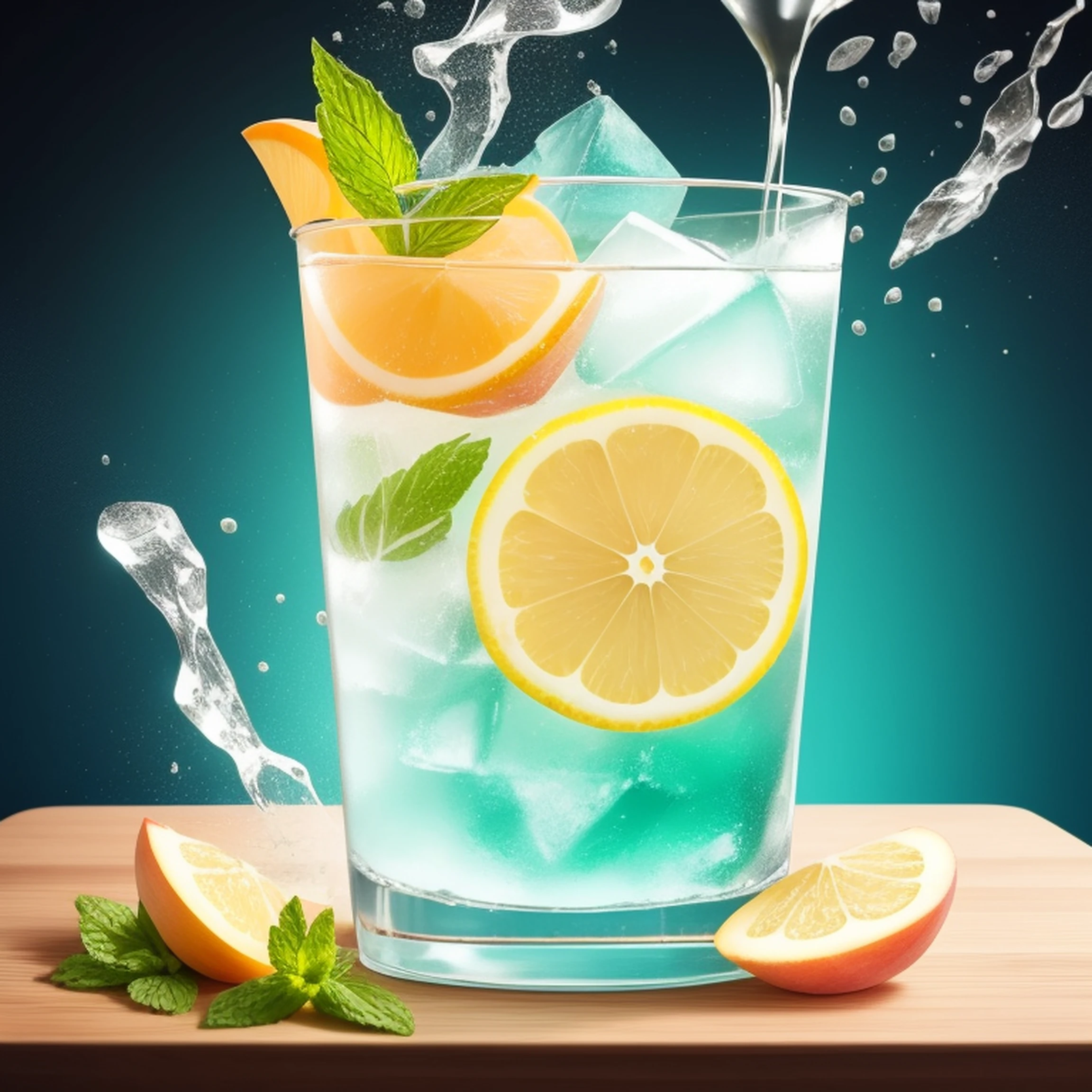 A glass of soda, frozen, frozen effect, on a wooden tray with pieces of lemon and peach, with mint leaves, cut small turquoise greens, with ice cubes, a few scattered ice cubes on a wooden board, super realistic Food pictures, full theme shown in photos,, Randy Post, hyper realistic ", hyper realistic", high res photo