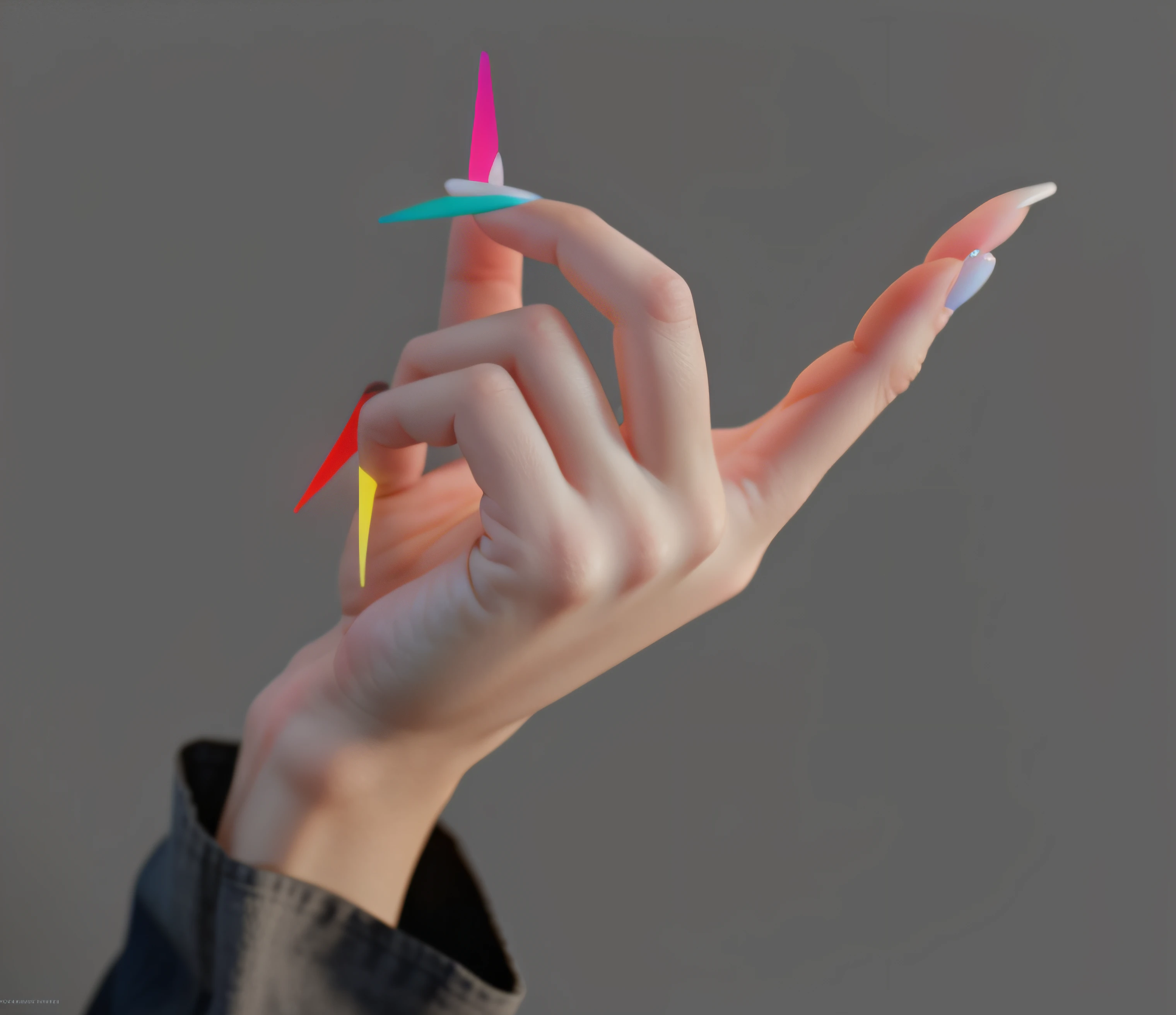 Pretty hands, colorful nails, bloom, ((cold light)), sharp focus, photo realistic, detailed skin, background out of focus, cinematic composition ,  ultra-detailed, realistic , hyper-realistic , volumetric lighting, 8k, trending on artstation