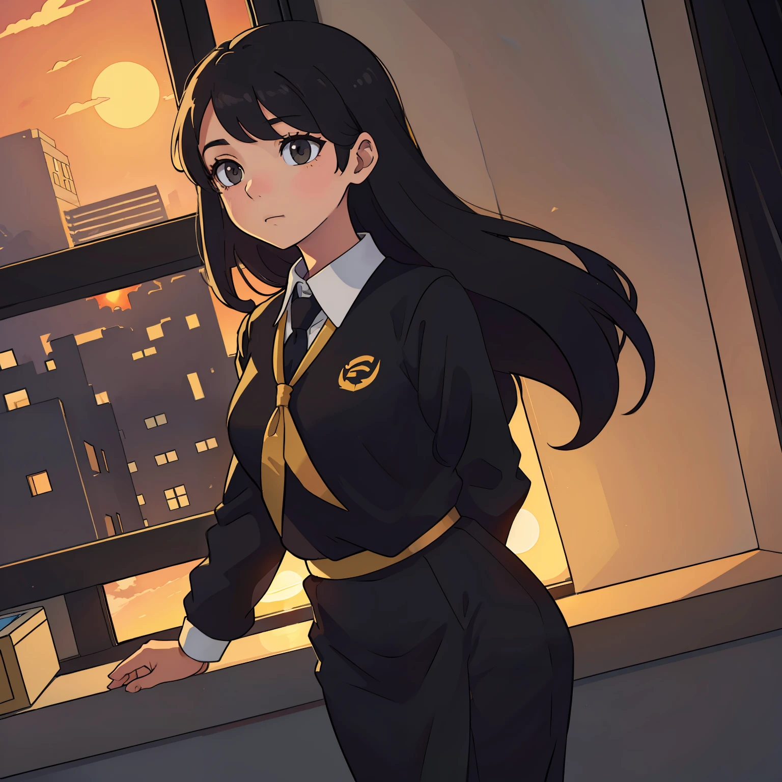 A teacher gazes pensively out the window as the sun dips below the horizon, donning a sleek black and gold school teacher uniform.