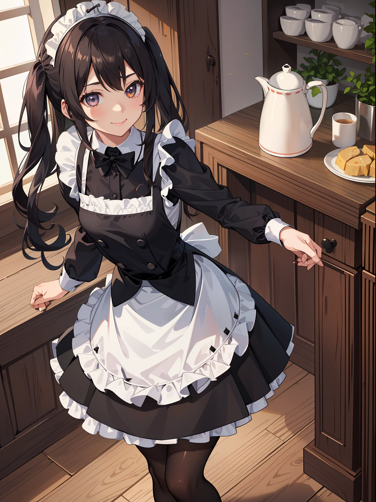 1girl in、A smile、A delightful、skirt by the、(small tits)chilarism、doress、aprons,,,,,,、maid,,,,,,,,、brunette color hair、hair adornments、sport、Black stockings