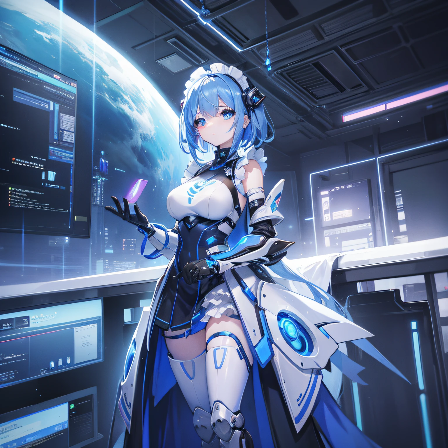 Girl in futuristic outfit、SF、Glowing gadgets、Utopian metropolis、、maid clothes、Sci-fi armor、Huge mechanical arm