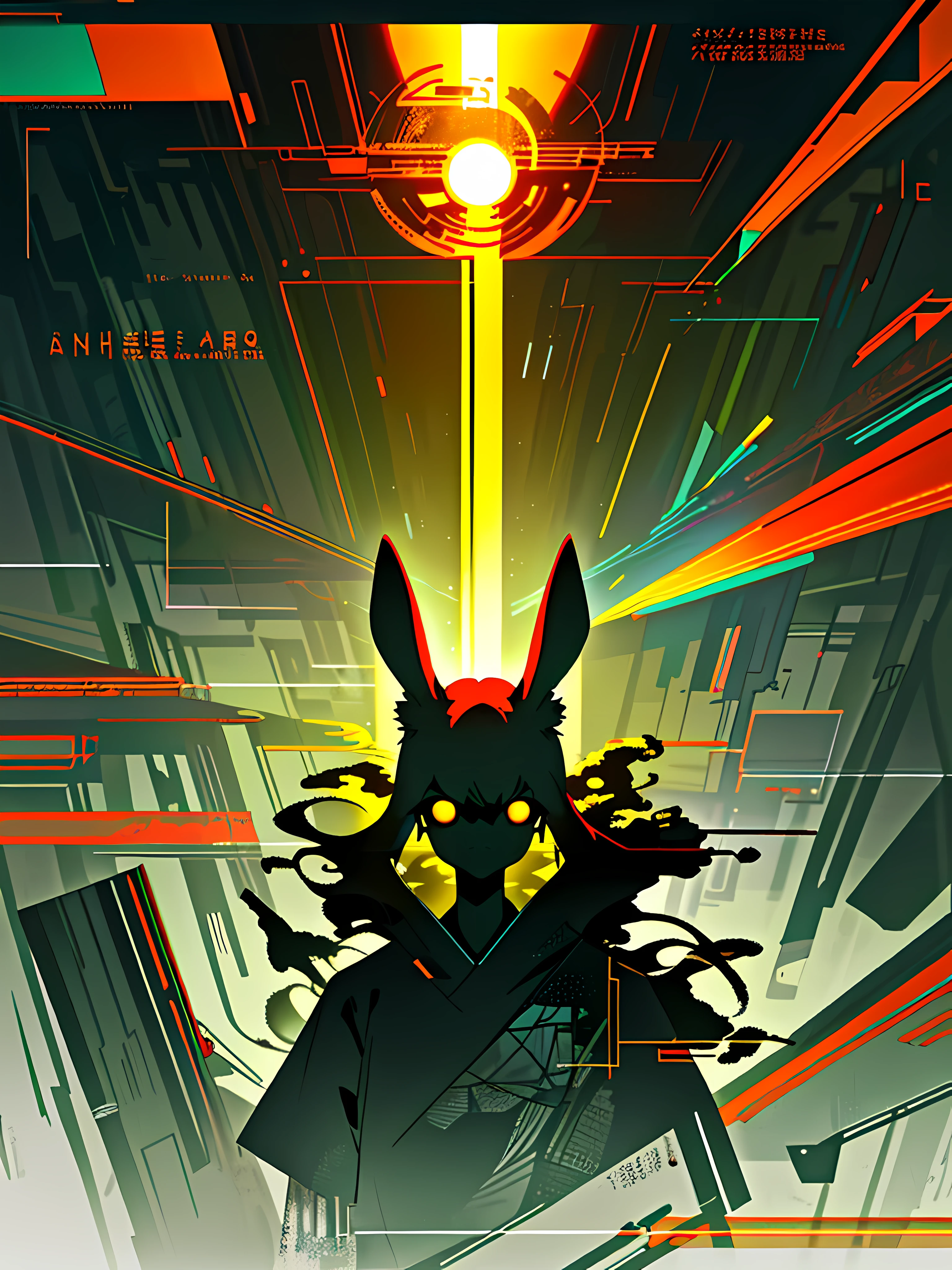 (blame! style abandoned tech landscape), (Zen, Amy Sol style), (underground, dark, foggy, perilous, abandoned dystopian apartment bedroom, deep windows), (abstract anthro rabbit figure wearing bunny ears), cover art with light abstraction, abstract, simple vector art, contemporary Cybernetic art, color gradients, soft color palettes, layered forms, whimsical animation, style Ethereal abstract, 4K, --v6