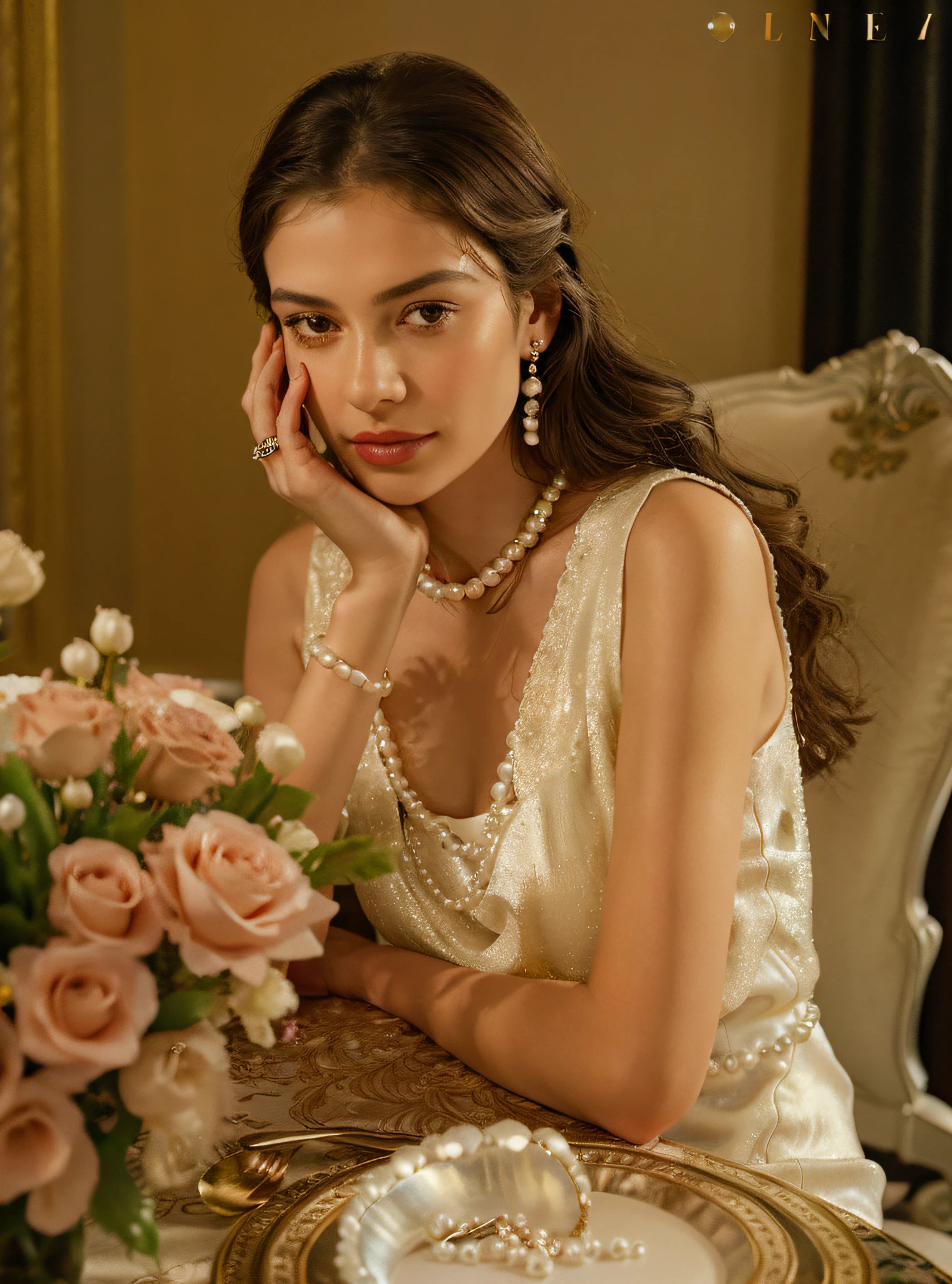 The Arafed woman sat at the table,Carrying a plate and a vase of flowers, opulent pearl necklace, delicate soft hazy lighting, wearing elegant jewellery, pearls necklace, Close portrait, girl with a pearl earring, author:Emma Andievska, mother of pearl jewelry, jewelry pearls, refined editorial photograph, anna nikonova, pearls necklace