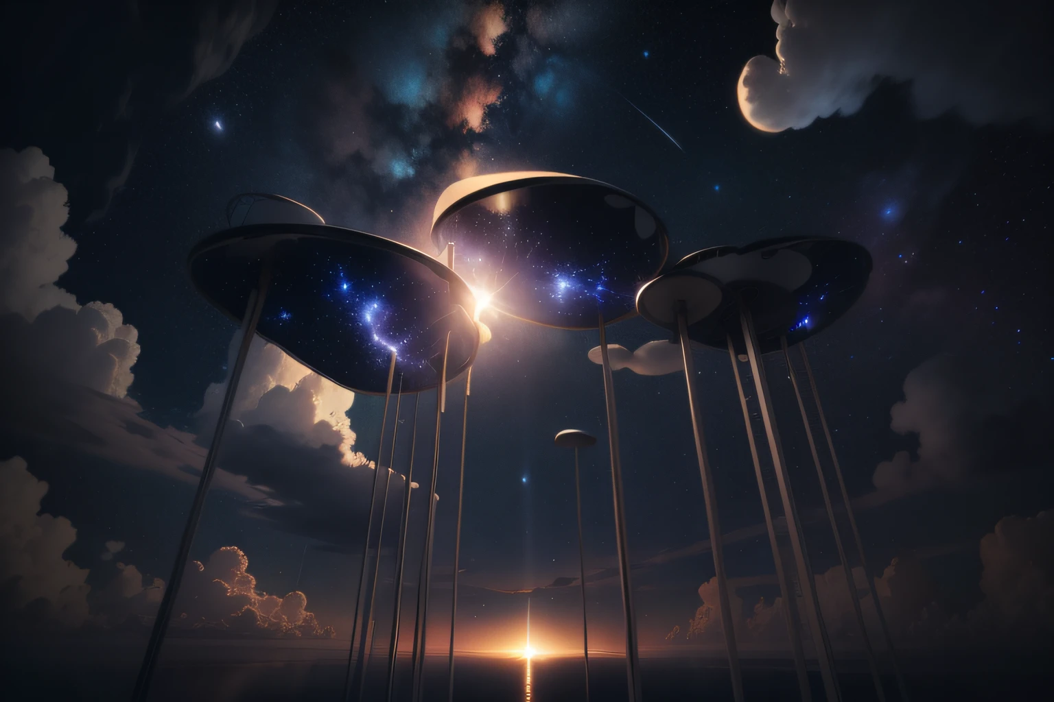 Sky with tangible clouds at night, extreme view angle, wide wide shot,Someone looks up at the stars on the ground