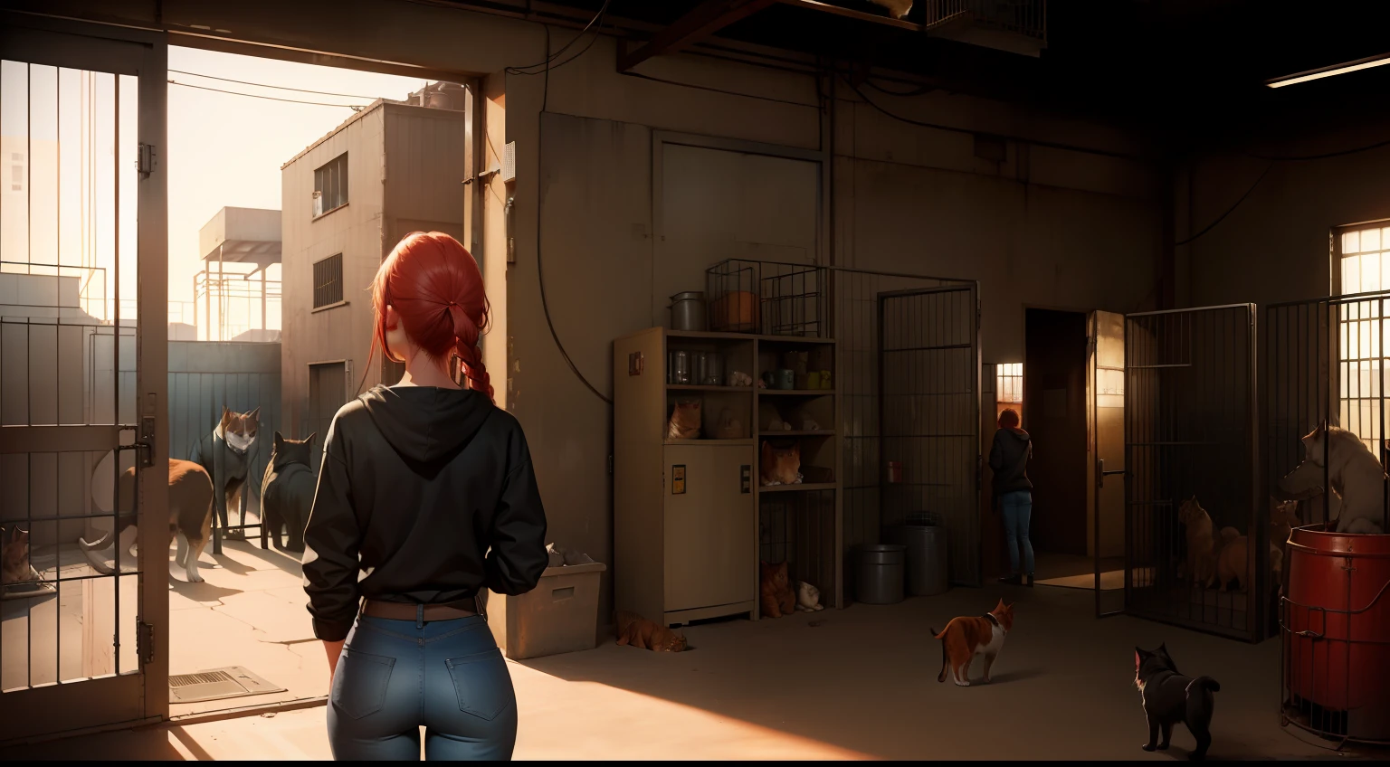 factory as background, small view, figure viewed from behind，a girl, denim pant，grey sweatshirt，red tinted hair，stand at the door, look the factory, many cats in the cage, cats, cage, dogs, dogs, big dogs