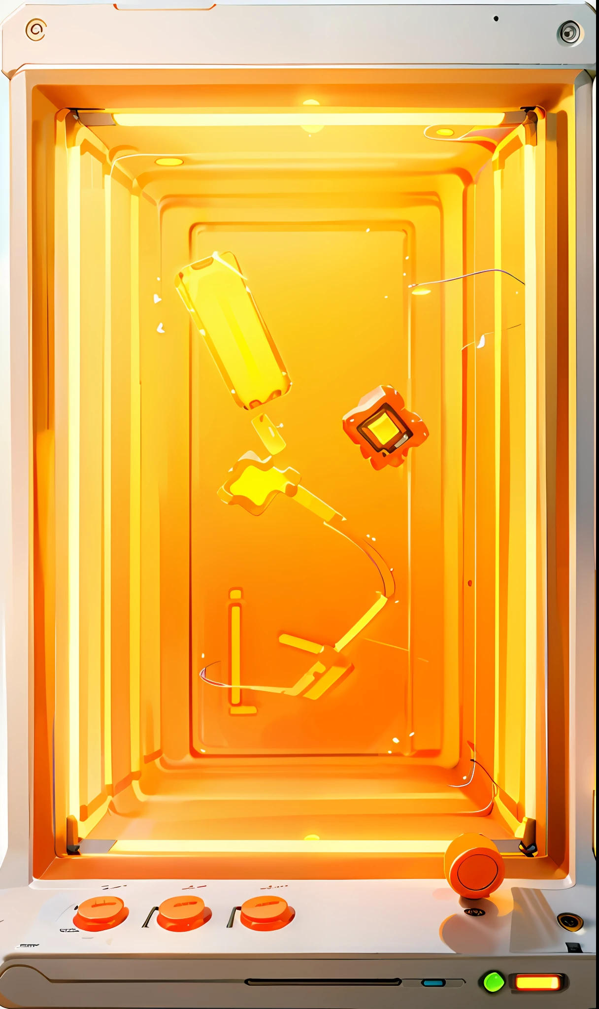 Cartoon-style video game console with buttons and yellow screen, liquid translucent amber, Orange light, orange neon backlighting, orange yellow ethereal, Yellow orange, Orange-yellow, Dan Flavan, 2013, orange neon, jin kim, daniel richter, 2 0 1 2, 2012, yellow-orange, orange lighting, Orange electricity