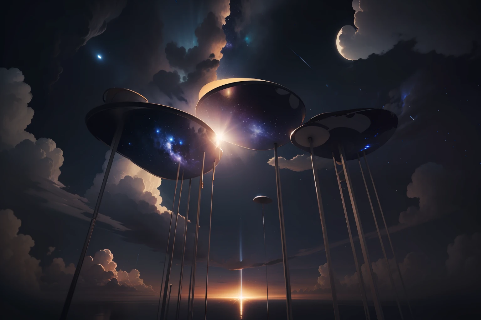 Sky with tangible clouds at night, extreme view angle, wide wide shot,Someone looks up at the stars on the ground