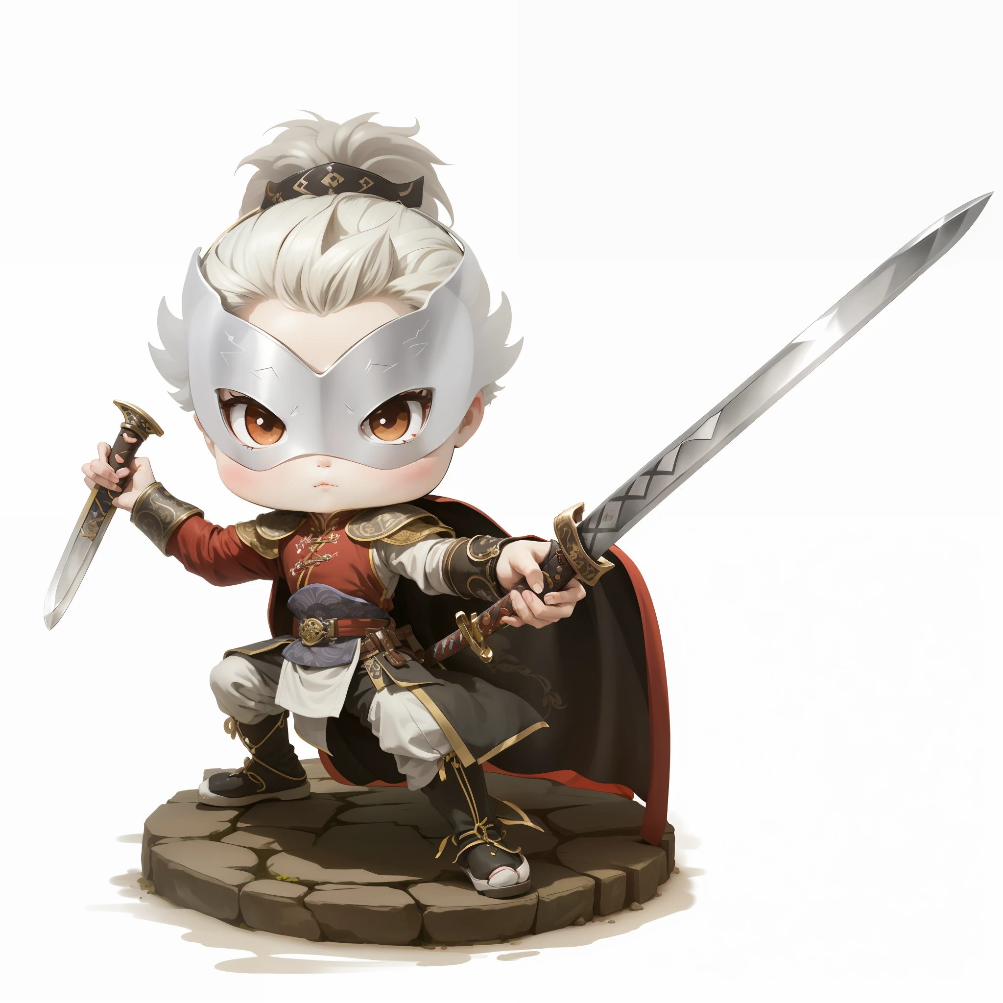 Chibi anime characters,The sword,sword sheath,China-style,Chinese-style clothing,Chinese shoes,There is a beautiful pattern on the scabbard,Refinement,Fine painting,Refinement,infinite details,high definition detail,Delicate belt,Belt accessories,Male characters,Blindfolds,sideface,swordsman,dark colored hair,Patterned,Pattern,Blank background,Bright colors,Metal edging