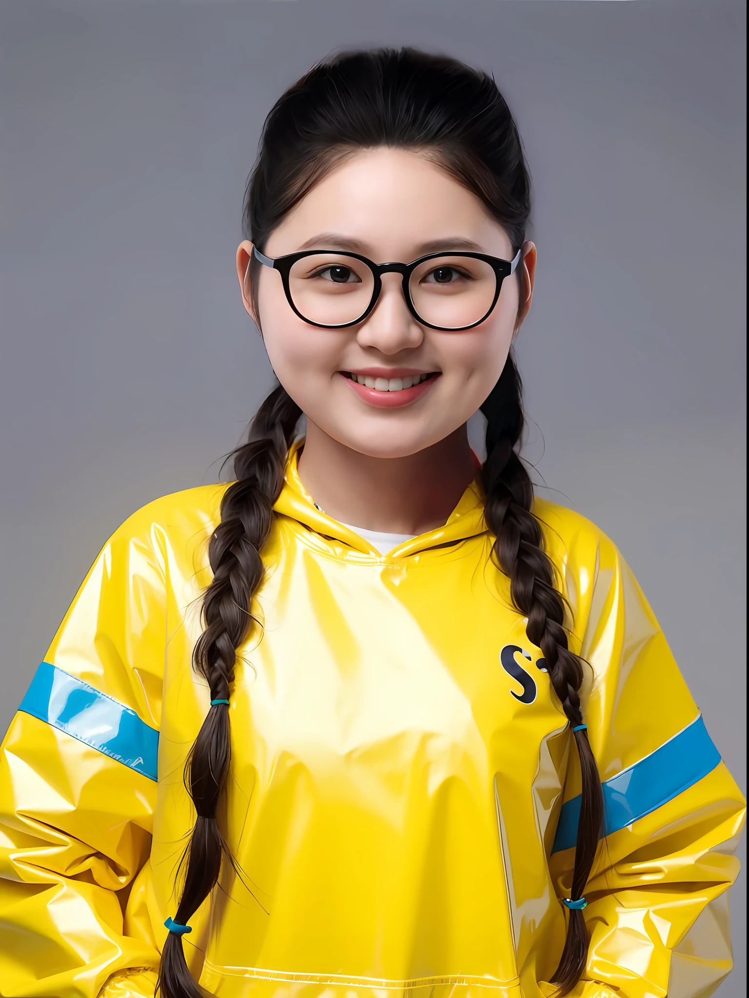A Chinese high school girl,Wearing a yellow PVC sweatshirt,long braid