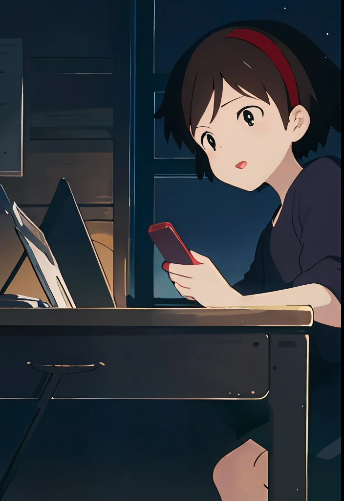 (highly detailed,HDR),Kizi,Kiki,Look down at your desk and play with your phone,the night,Bedrooms,table light