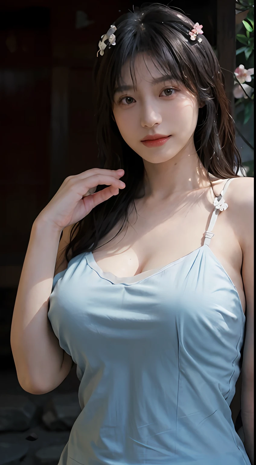 best qualtiy, 超高分辨率, (realisticlying:1.4), one-girl, A pair of clear and moving peach blossom eyes,Royal Sister,Fair skin,Perfect body,Exquisite facial features,(full bodyesbian:1.6)a sense of atmosphere,Absolutely beautiful girl, ssmile,Look at the audience tenderly ,HD close-up ,deep v big breasts,(Photorealistic:1.4),Sexy ,(Big breasts:1.9),(Upper body:1.4),(Wet body),(:1.2)