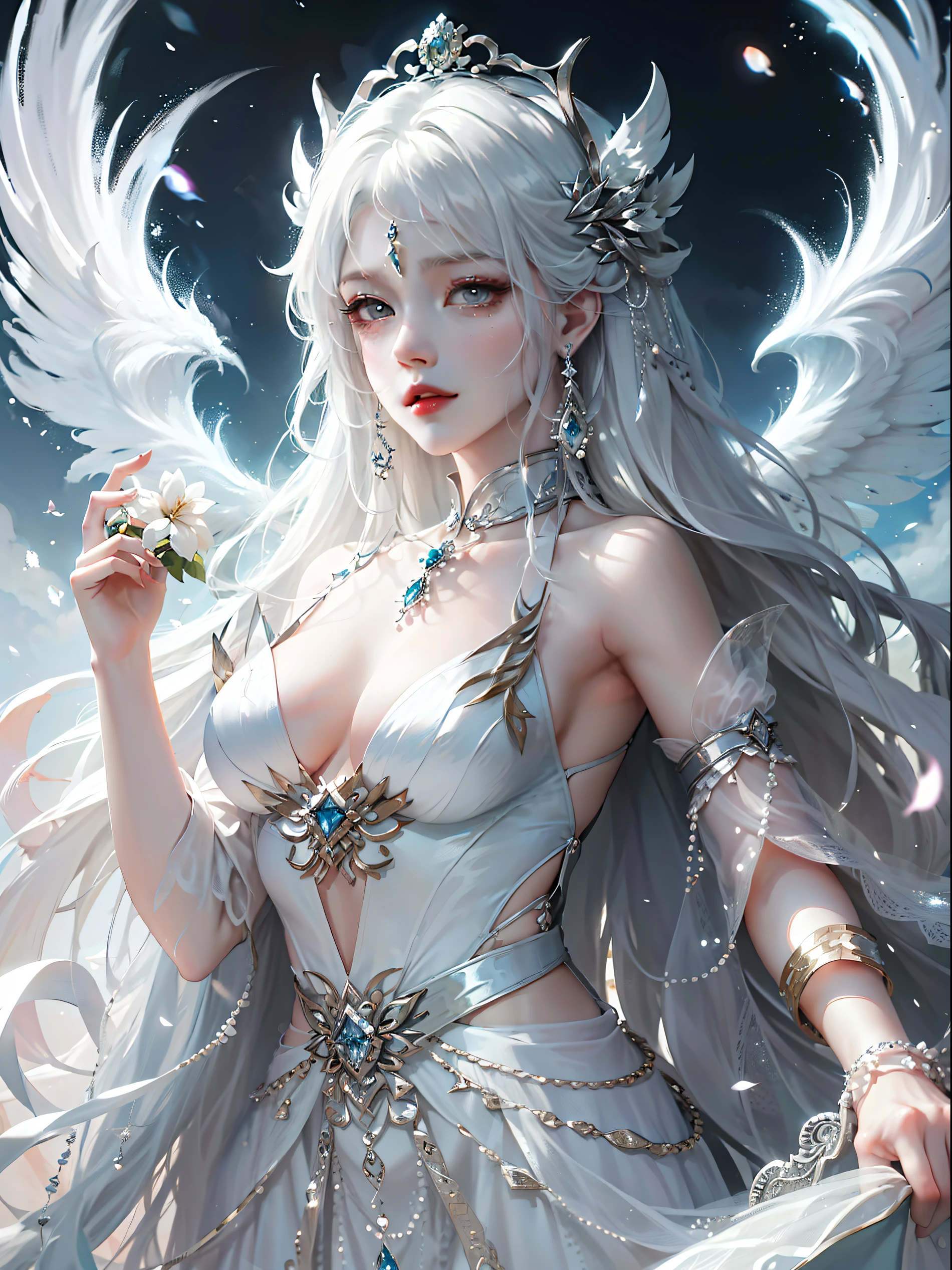 White-haired goddess，Wearing a diamond crown on his head，Wearing a pearl white dress，fresh flowers，Large winged Guviz，Guviz-style artwork，white-haired god，Yang J，Epic and beautiful character art，Stunning character art，FAN Qi，Wu Zhun Shifan，Guvitz at the Pixiv Art Station。
