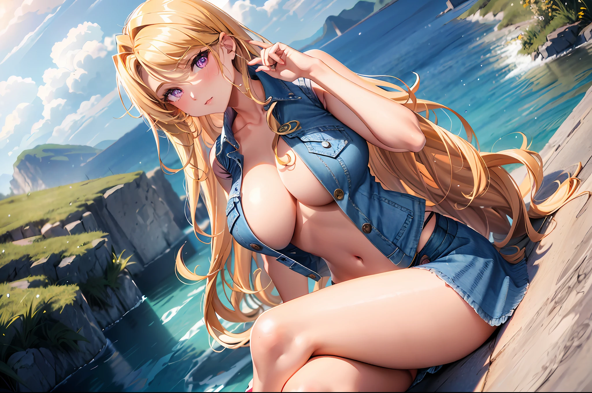 (tmasterpiece:1.4,best qualtiy),(Complicated details),Unity 8k壁纸,((hyper HD, retinas, Masterpiece, ccurate, Anatomically correct, Textured skin, Super detail, High details, High quality, A high resolution, Best quality, Award-Awarded, 16k)),ultra - detailed,Long wavy,curled,Long waves,Long blonde hair,Purple pupils,((gigantic cleavage breasts)),(Denim vests do not wear underwear,Expose your chest,exposing your navel:1.5),(Super short skirt:1.5),sitting on the stone,The scenery behind you is beautiful,Wide crotch,The photo contains the upper body and thighs,ellegance,womanly,carismatic,Red Jewel,Blush Eyeshadow,Pure desire,((Legs crossed)), Dynamic angles and poses,Dutch angle