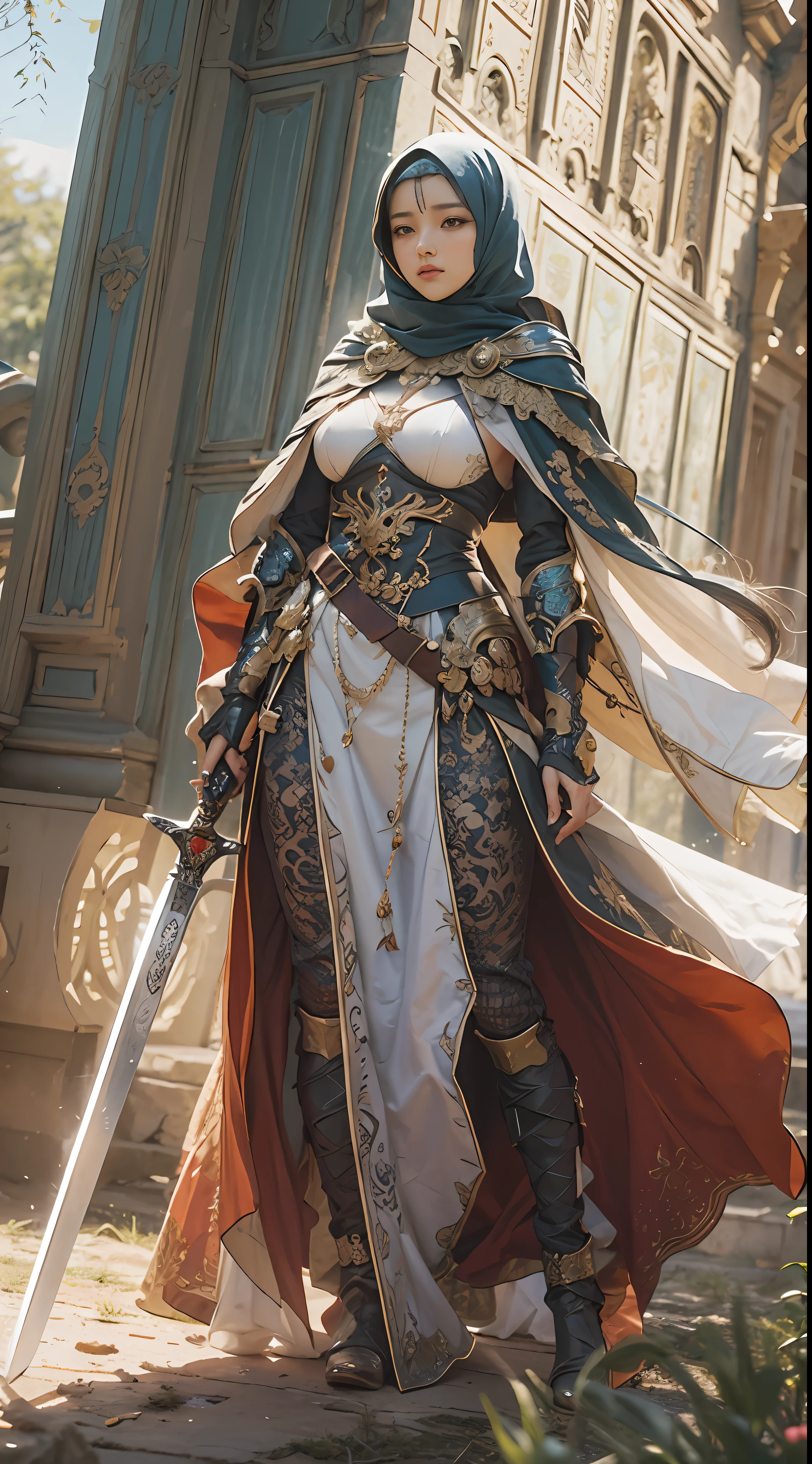masterpiece, best quality, cinematic light, ultra high res, 8k uhd, intricate details, nature light, film grain, dreamlike, perfect anatomy, best shadow, delicate, RAW>, pleasured expression, spotless face, perfect face, perfect body, expressive eyes, 2girls, wearing cape hijab, attacking each other, sword fighting on the battlefield in front yard of a sultan palace, whole body covered by long dress, wearing full body battle armor, chest cover accessories, non-transparent clothing, angry face, kpop idol face, perfect face, perfect body, big chest,