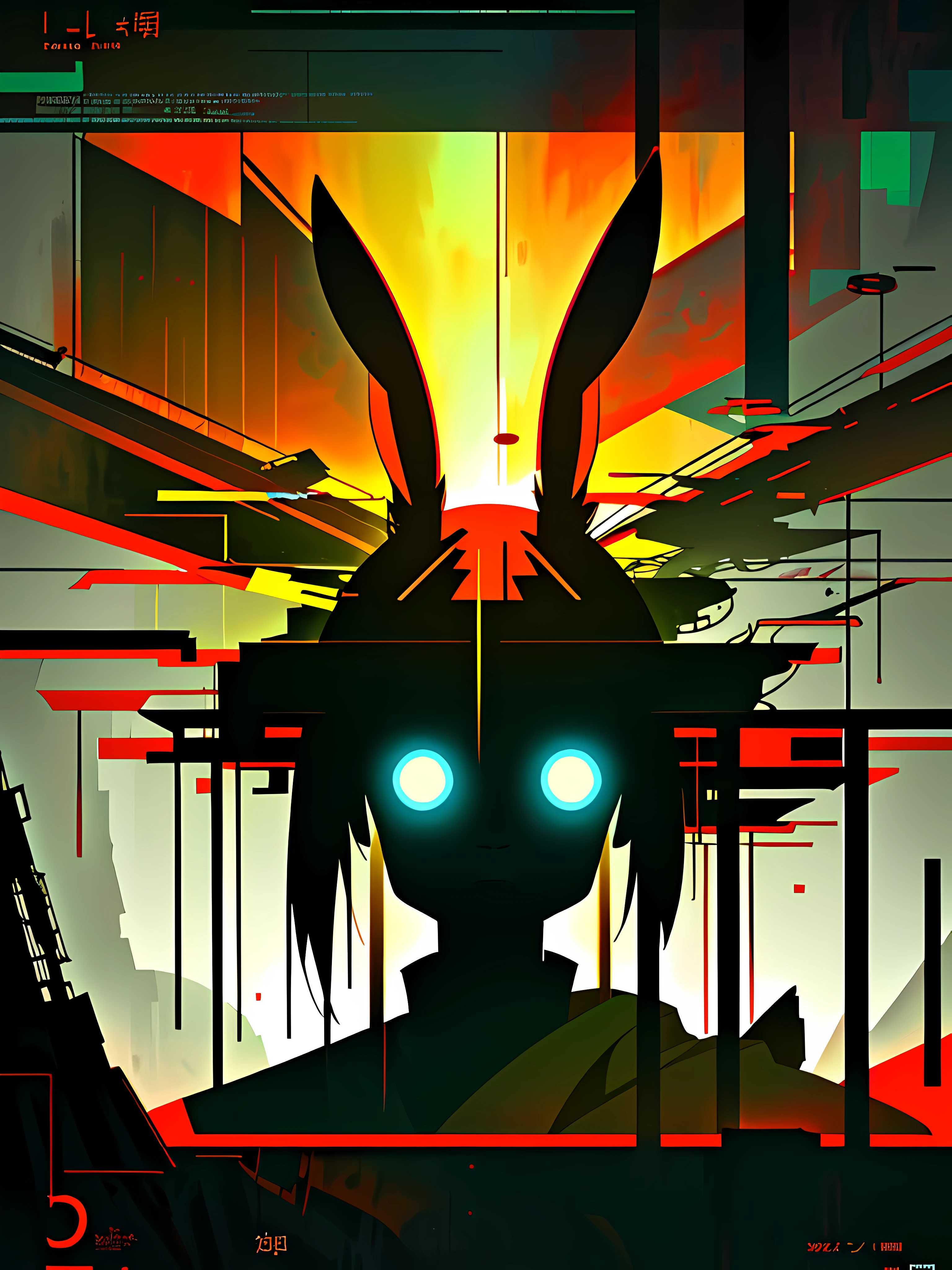 (blame! style abandoned tech landscape), (Zen, Amy Sol style), (underground, dark, foggy, perilous, abandoned dystopian apartment bedroom, deep windows), (abstract anthro rabbit figure wearing bunny ears), cover art with light abstraction, abstract, simple vector art, contemporary Cybernetic art, color gradients, soft color palettes, layered forms, whimsical animation, style Ethereal abstract, 4K, --v6