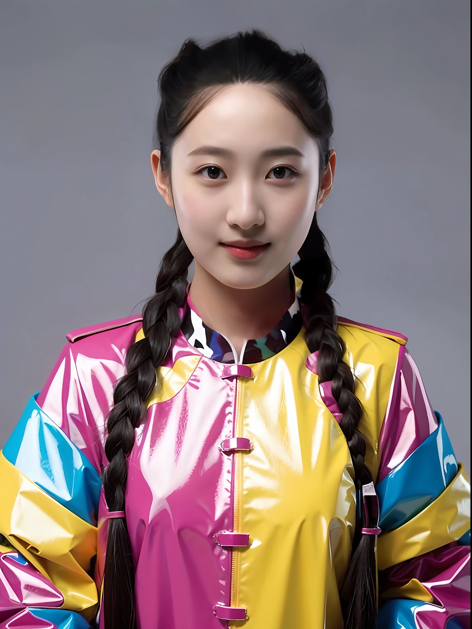 A Chinese high school girl,Wearing colorful PVC camouflage uniforms,long braid
