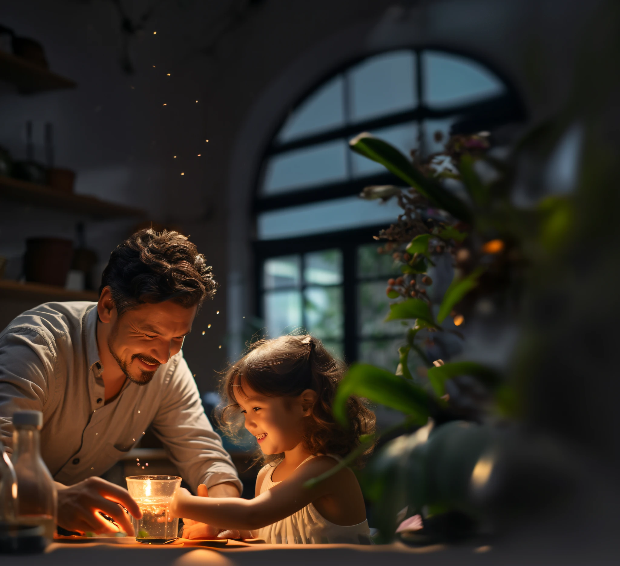 There was a man and a  sitting at a table, father with child, Magic Hour Lighting, true realistic image, With cinematic lighting, Artistic interpretation, Firefly lights, Bokeh top cinematic lighting, still from live action movie, Photo taken with Sony a7R camera, cozy night fireflies, photo still of, Photo taken with Sony A7R, arte mista