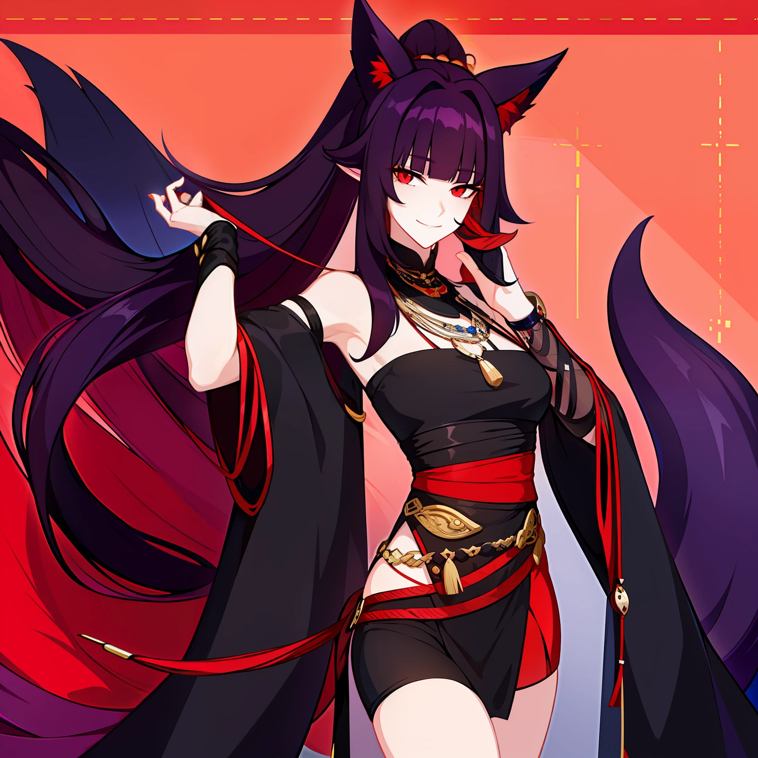 Young guy, pretty facial features, long dark purple hair, half gathered in messy ponytail, half loose, dangerous bright red eyes, black fit clothes with many jewels, fox ears and tail, mad smile