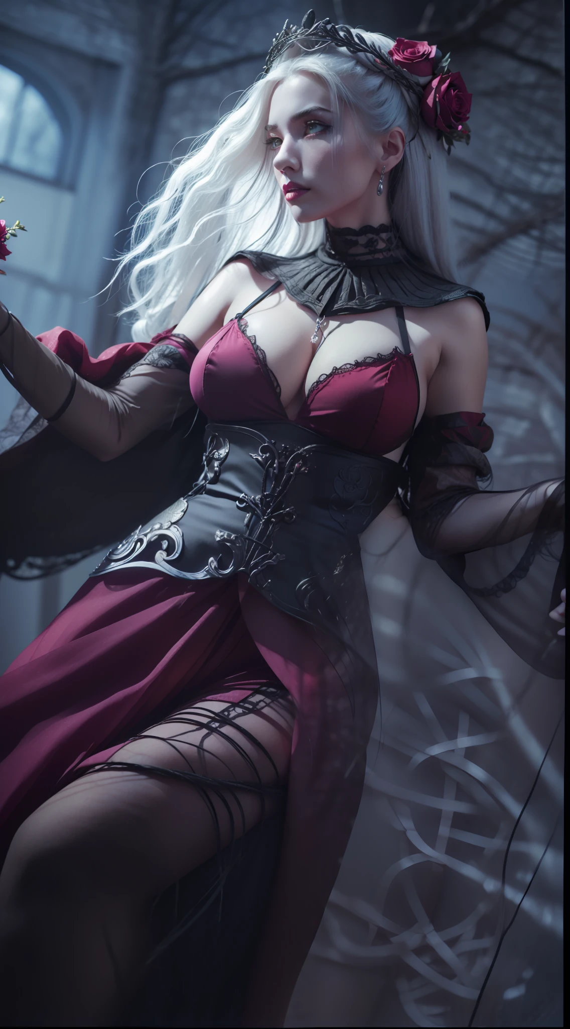 ((Best Quality, 4K, Masterpiece: 1.3)), (Detailed: 1.4), a woman in a red dress with rose stem twist in hand, katarina, fuchsia skin below the armor, ashe, a woman with sad eyes, crying, fuchsia skin beneath the armor, astri lohne, Big Breast, Huge Breast, Nice Thigh, Sexy Thigh, a woman with silver hair and show off thigh, gothic woman, Rose stem twist in hand, Hand with rose stem, 4K, HD, Ultra Realistic, extremely detailed