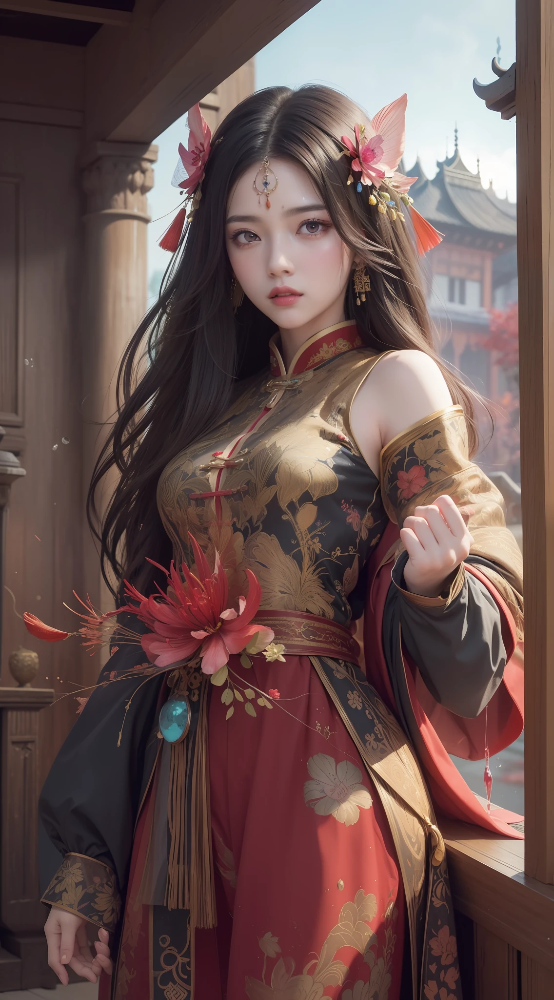 (8k, RAW photo:1.2),best quality, ultra high res,dramatic angle,(fluttered detailed color splashs), (illustration),(((1 girl))),(long hair),(rain:0.9),(hair ornament:1.4),there is an ancient palace beside the girl,chinese clothes,(focus on), color Ink wash painting,(color splashing),colorful splashing,(((colorful))),(sketch:0.8), Masterpiece,best quality, beautifully painted,highly detailed,(denoising:0.6),[splash ink],((ink refraction)), (beautiful detailed sky),moon,highly,detaild,(masterpiece, best quality, extremely detailed CG unity 8k wallpaper,masterpiece, best quality, ultra-detailed),(Lycoris radiata),