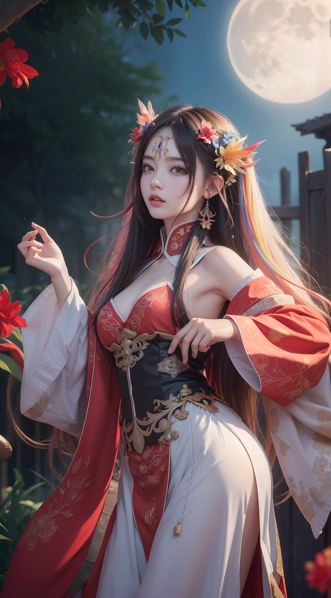 (8k, RAW photo:1.2),best quality, ultra high res,dramatic angle,(fluttered detailed color splashs), (illustration),(((1 girl))),(long hair),(rain:0.9),(hair ornament:1.4),there is an ancient palace beside the girl,chinese clothes,(focus on), color Ink wash painting,(color splashing),colorful splashing,(((colorful))),(sketch:0.8), Masterpiece,best quality, beautifully painted,highly detailed,(denoising:0.6),[splash ink],((ink refraction)), (beautiful detailed sky),moon,highly,detaild,(masterpiece, best quality, extremely detailed CG unity 8k wallpaper,masterpiece, best quality, ultra-detailed),(Lycoris radiata),