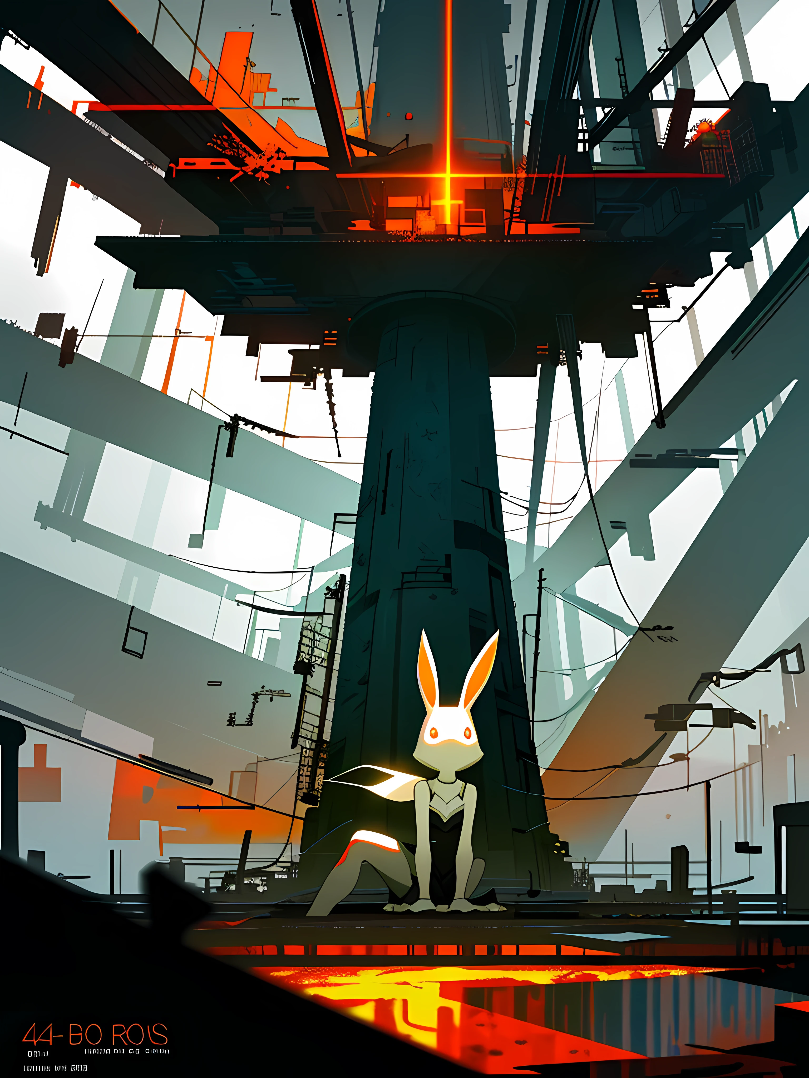 (blame! style abandoned tech landscape), (Zen, Amy Sol style), (underground, dark, foggy, perilous, abandoned dystopian apartment bedroom, deep windows), (abstract anthro rabbit figure wearing bunny ears), cover art with light abstraction, abstract, simple vector art, contemporary Cybernetic art, color gradients, soft color palettes, layered forms, whimsical animation, style Ethereal abstract, 4K, --v6