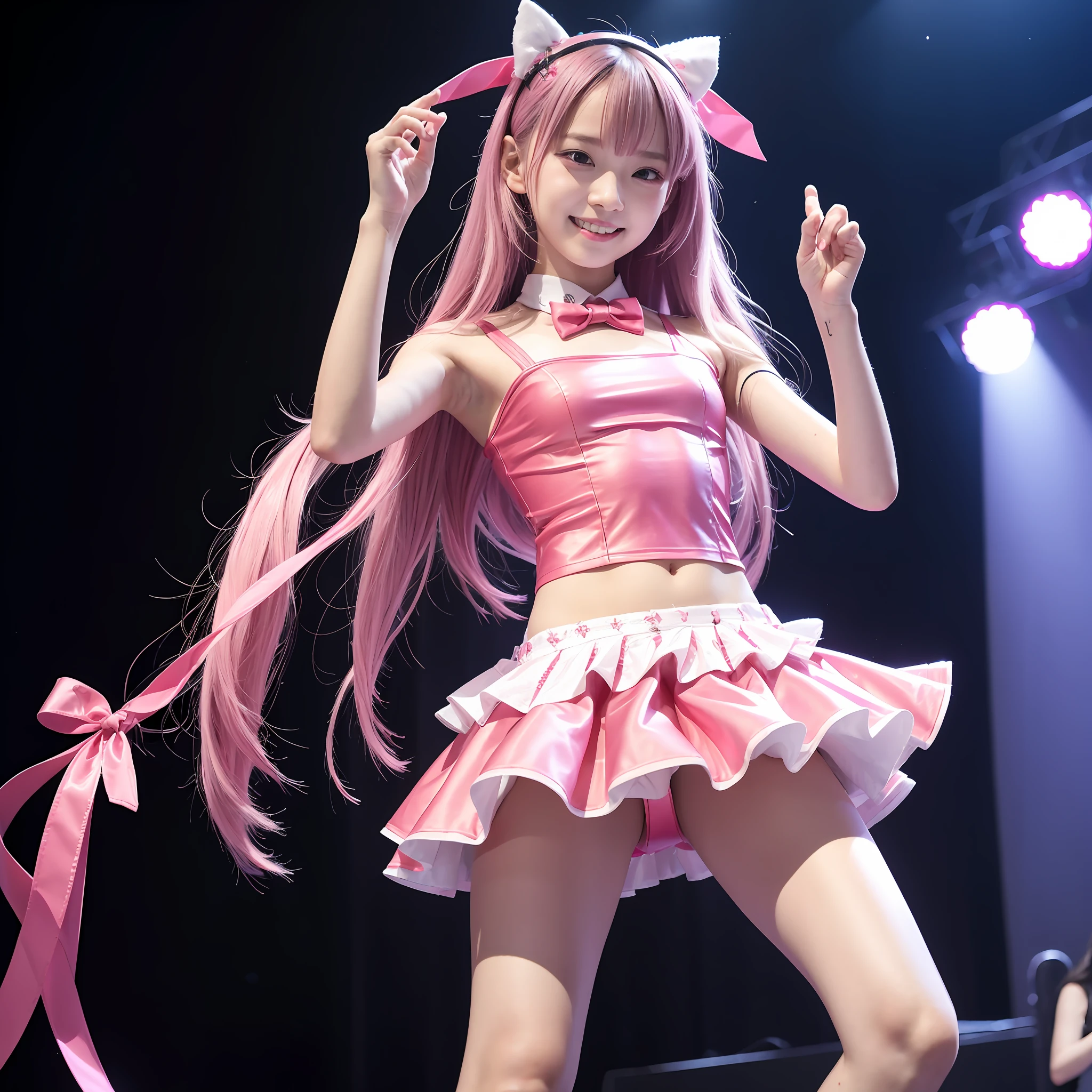 slim figure, femele, Pink idol costume, frilld, Ren Hao, bow ribbon, Katyusha, concert, stage, dance, realisitic, masutepiece, bangss, Junior High School, stright long hair,Dasmile