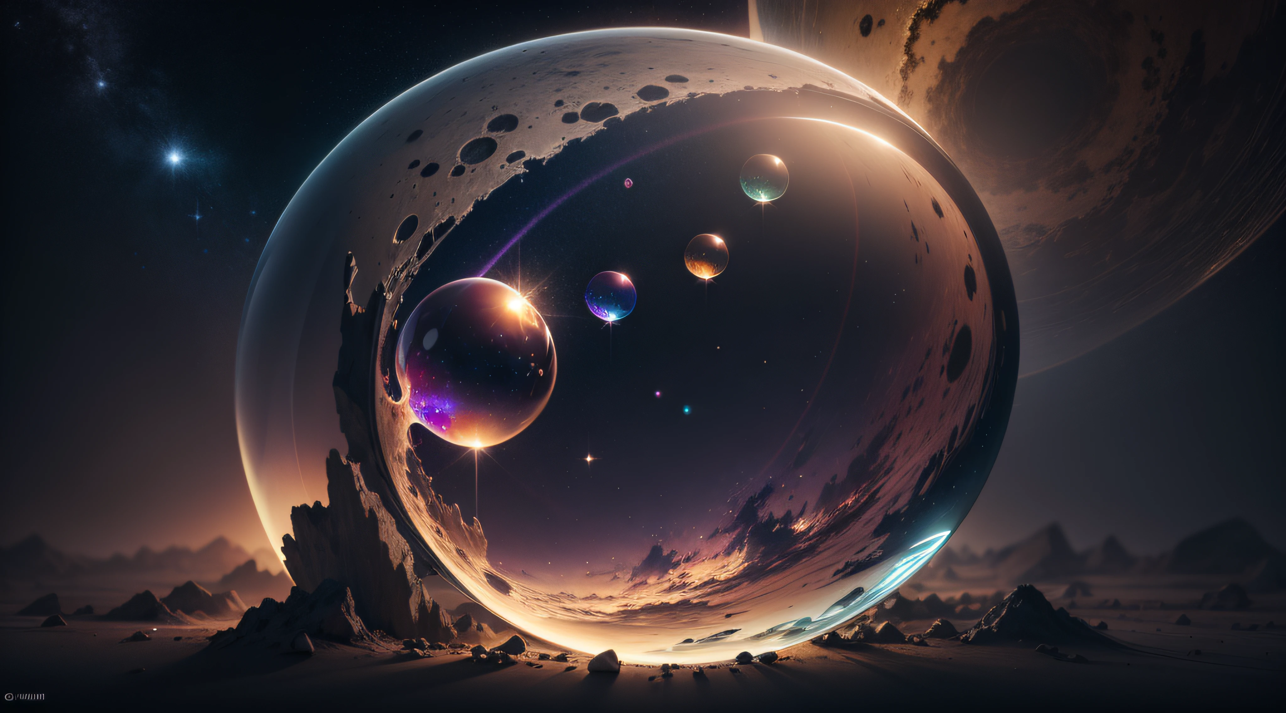 Solar system inside a Soap bubble, (8k, RAW photo, masterpiece: 1.2), (realistic, realistic: 1.37) There are many Soap bubble, official art, unity 8k wallpaper, ultra detailed, best quality