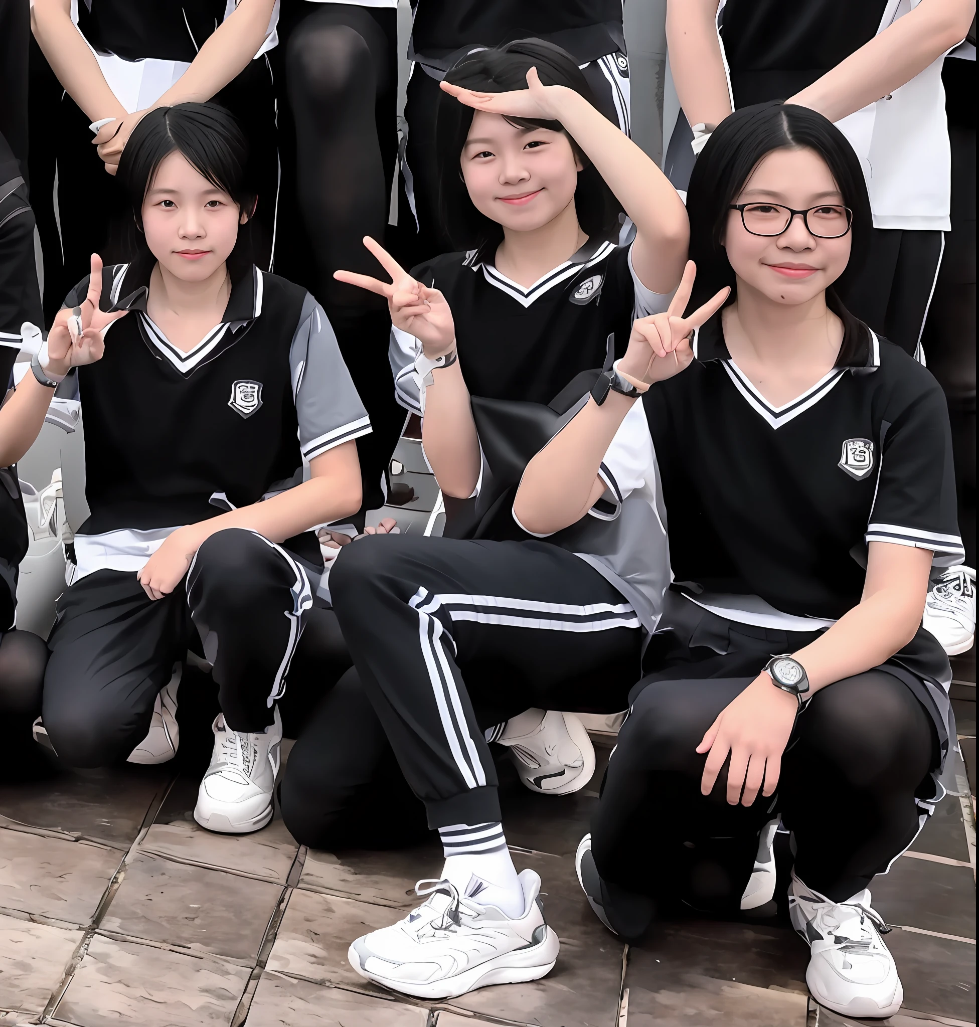 There are many people who pose for photos with their hands up, in school uniform, photograph taken in 2 0 2 0, JK school uniform,All wearing black tights,cute female child, Group photo, taken with sony alpha 9, very very low quality picture, in school uniform, wearing a Japanese school uniform, blacksilk,Student, personal profile picture, low quality photo, SSAO 8 K, dang my linh