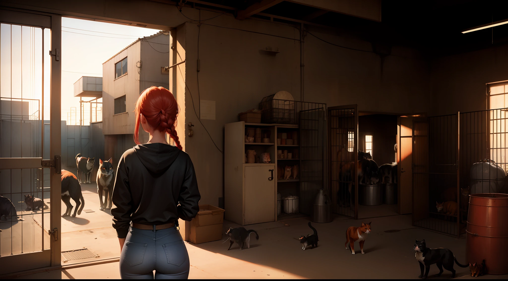 factory as background, small view, figure viewed from behind，a girl, denim pant，grey sweatshirt，red tinted hair，stand at the door, look the factory, many cats in the cage, cats, cage, dogs, dogs, big dogs