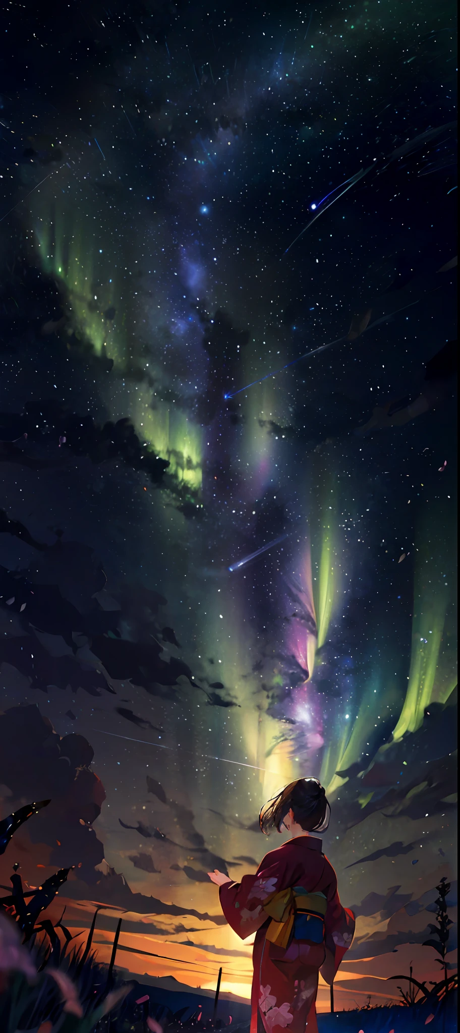 1girl, a distant girl in a kimono staring at the stars, (zoomed out: 1.1), (meteor shower: 1.2), (comet: 1.1), your name, low angle, from behind, northern lights, shooting stars, yukata, red kimono, cherry blossoms, Standing in the field, best quality, masterpiece, cloud, colorful, starry, stars,