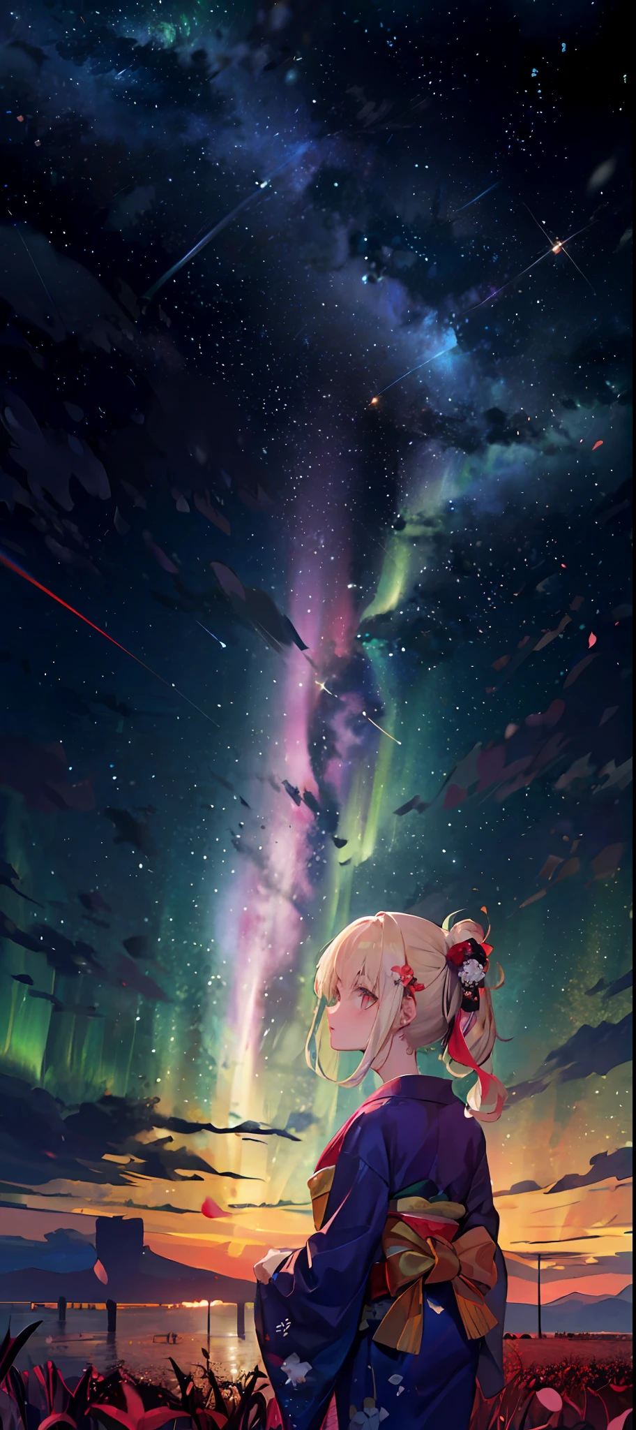 1girl, a distant girl in a kimono staring at the stars, (zoomed out: 1.1), (meteor shower: 1.2), (comet: 1.1), your name, low angle, from behind, northern lights, shooting stars, yukata, red kimono, cherry blossoms, Standing in the field, best quality, masterpiece, cloud, colorful, starry, stars,