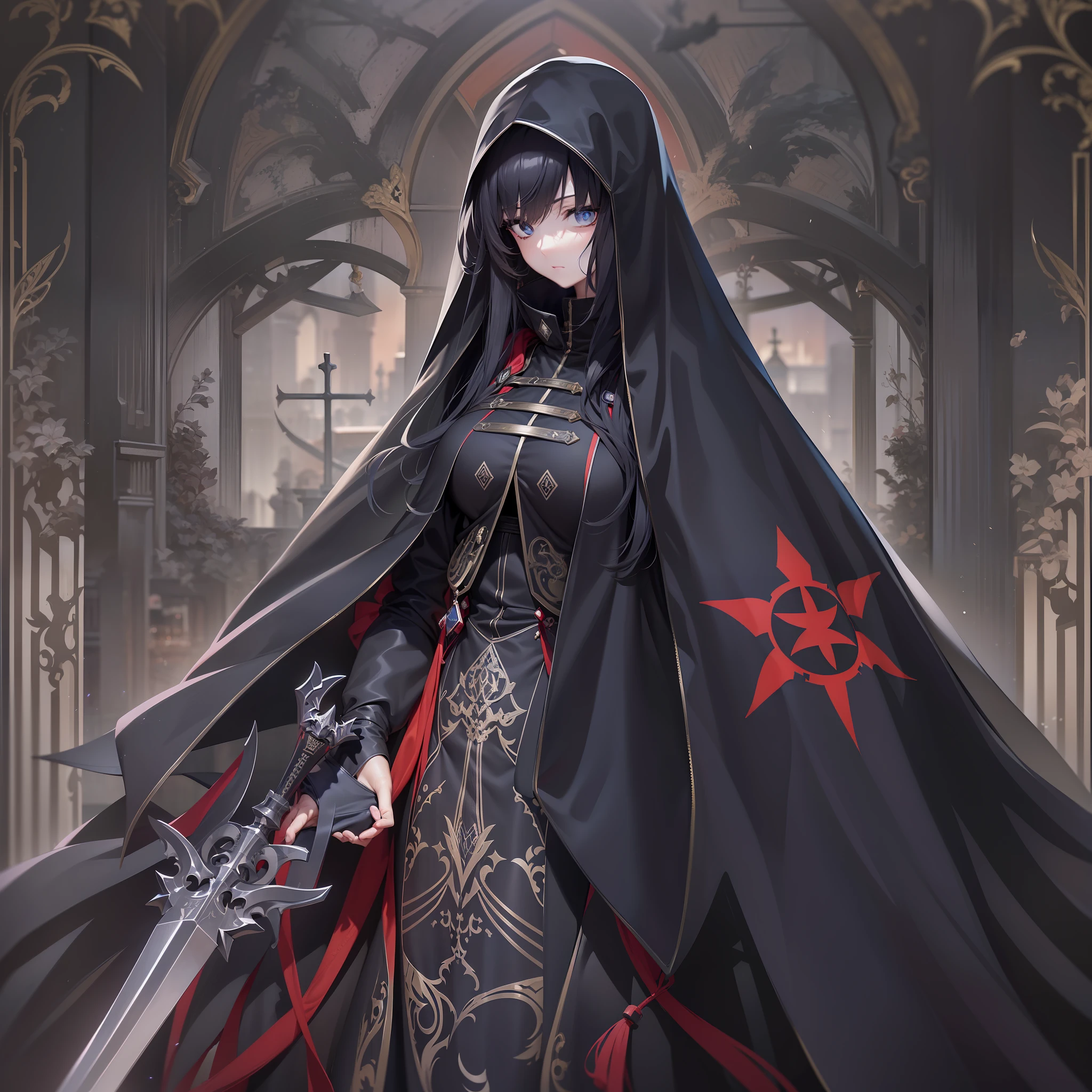 (tmasterpiece, best qualtiy, hyper-high detail, style of anime,HDR,8K,anime wallpaper,a sense of atmosphere,4K,absurderes,mistic,darkly,religion)(A girl with long black hair,Wearing a black hooded cape,With a red cross cult logo,Holding a black eerie dagger), (Simple geometric religious pattern decoration), (Huge black space as background)