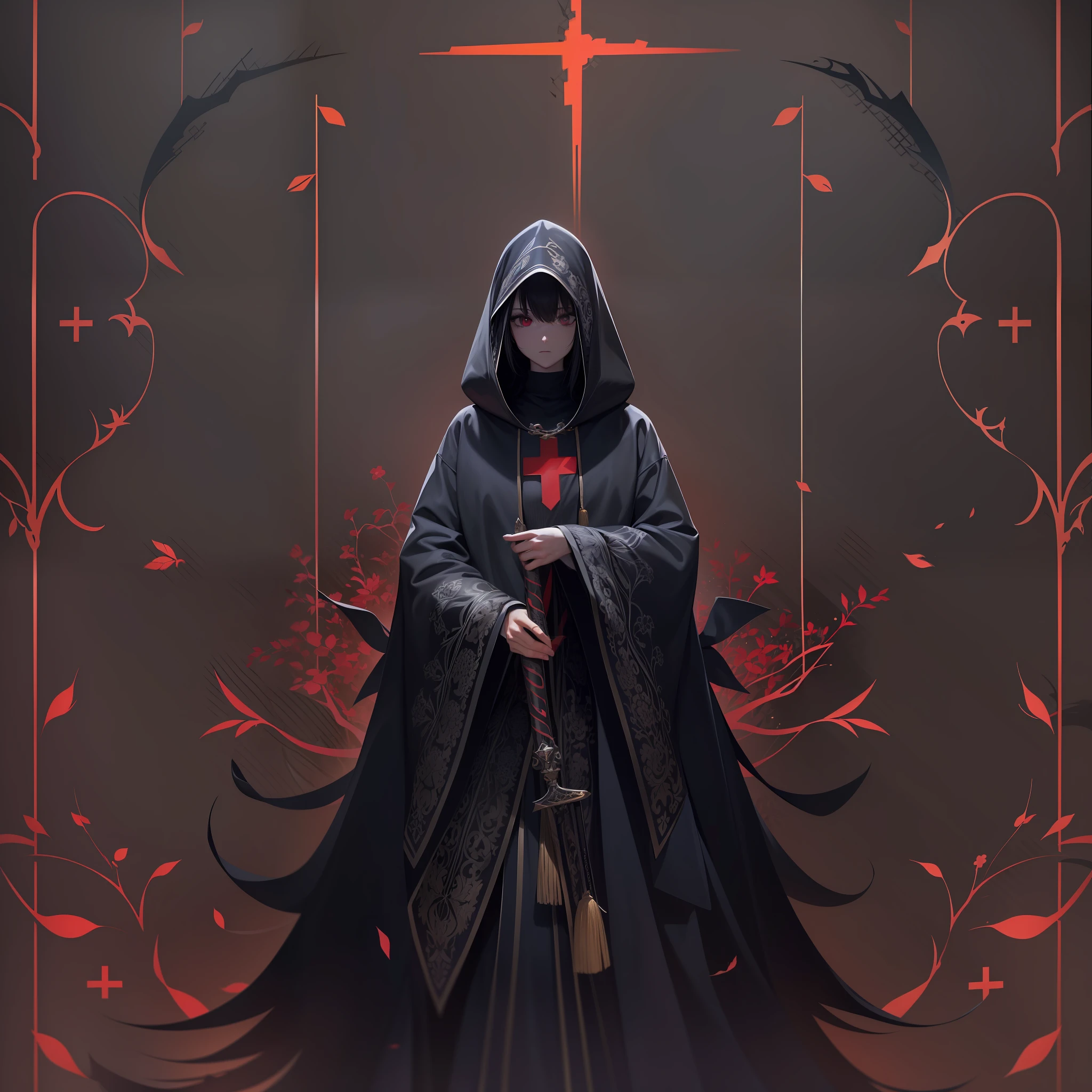 (tmasterpiece, best qualtiy, hyper-high detail, style of anime,HDR,8K,anime wallpaper,a sense of atmosphere,4K,absurderes,mistic,darkly,religion,style of anime)(A girl with long black hair,Wearing a black hooded cape,With a red cross cult logo,Holding a black eerie dagger), (Simple geometric religious pattern decoration), (Huge black space as background)