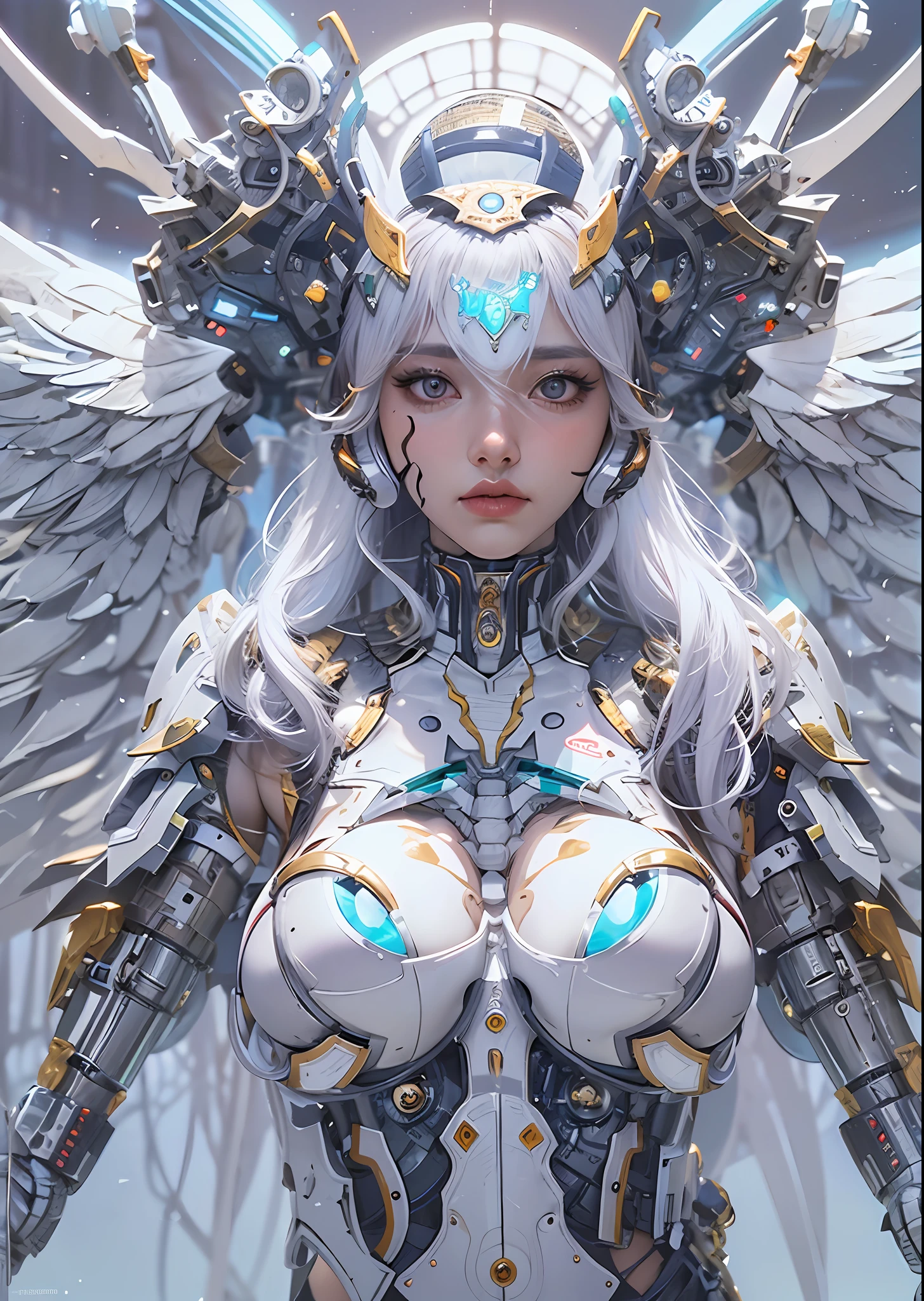 top-quality、masterpiece、超A high resolution、(Photorealsitic:1.4)、Raw photo、Cyborg Angel、large wings made of metal、White porcelain body、white hair、glowy skin、1 Cyborg Girl、((super realistic details))、portlate、globalillumination、Shadow、octan render、8K、ultrasharp、character edge light,Colossal tits、Raw skin is exposed in cleavage、Details of complex ornaments、Acrylic Clear Cover、Detailed hydraulic cylinders from Sumer、Small LED lamp、highly intricate detail、Realistic light、a purple eye、radiant eyes、Facing the camera、neon details、cowboy shot、Futuristic headgear、About Cyberpunk、、
