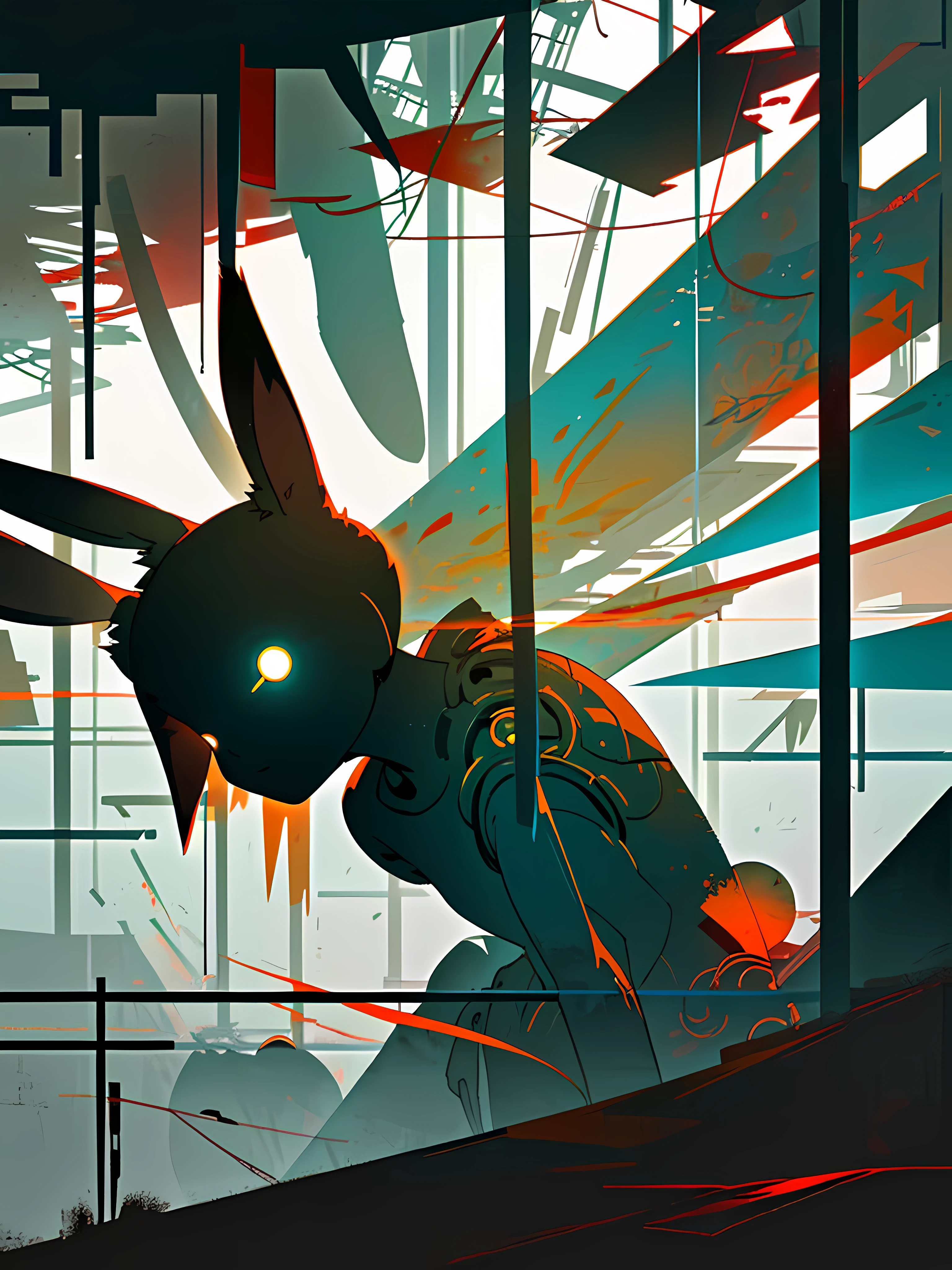 (blame! style abandoned tech landscape), (Zen, Amy Sol style), (underground, dark, foggy, perilous, abandoned dystopian apartment bedroom, deep windows), (abstract anthro rabbit figure wearing  ears), cover art with light abstraction, abstract, simple vector art, contemporary Cybernetic art, color gradients, soft color palettes, layered forms, whimsical animation, style Ethereal abstract, 4K, --v6