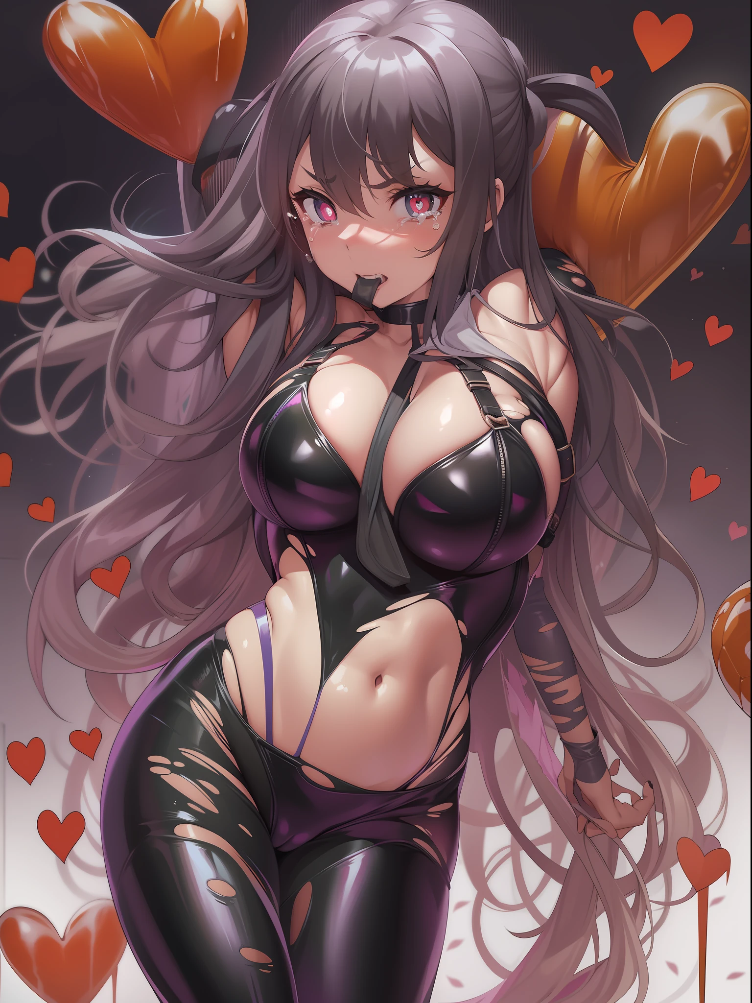 One girl,full bodyesbian, torn cloth, Open legs, hand behind head, Underarms, , Tears, Humiliated, 浴室,Long hair,Heart-shaped pupils, black latex bodysuit, Torn clothes, ripped apart, ball gagged, upper legs,Pathetic,exhibitionism