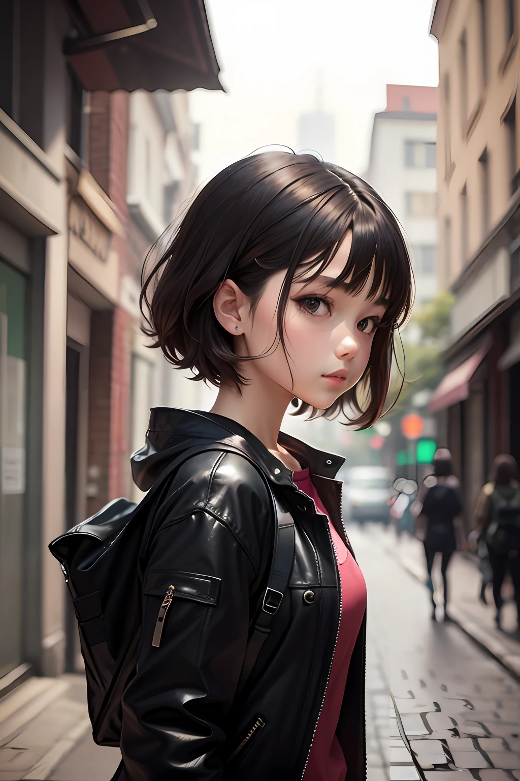 A dark-haired girl is walking
