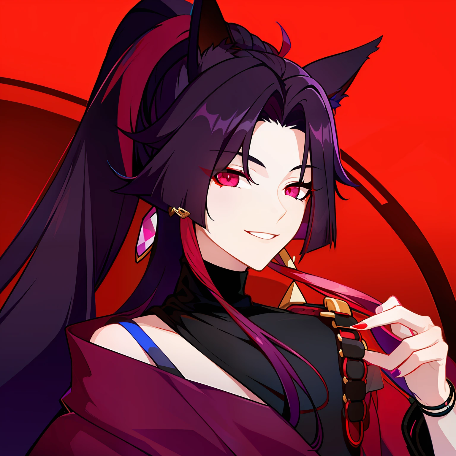 Young guy, pretty facial features, long dark purple hair, half gathered in messy ponytail, half loose, dangerous bright red eyes, black fit clothes with many jewels, fox ears and tail, mad smile