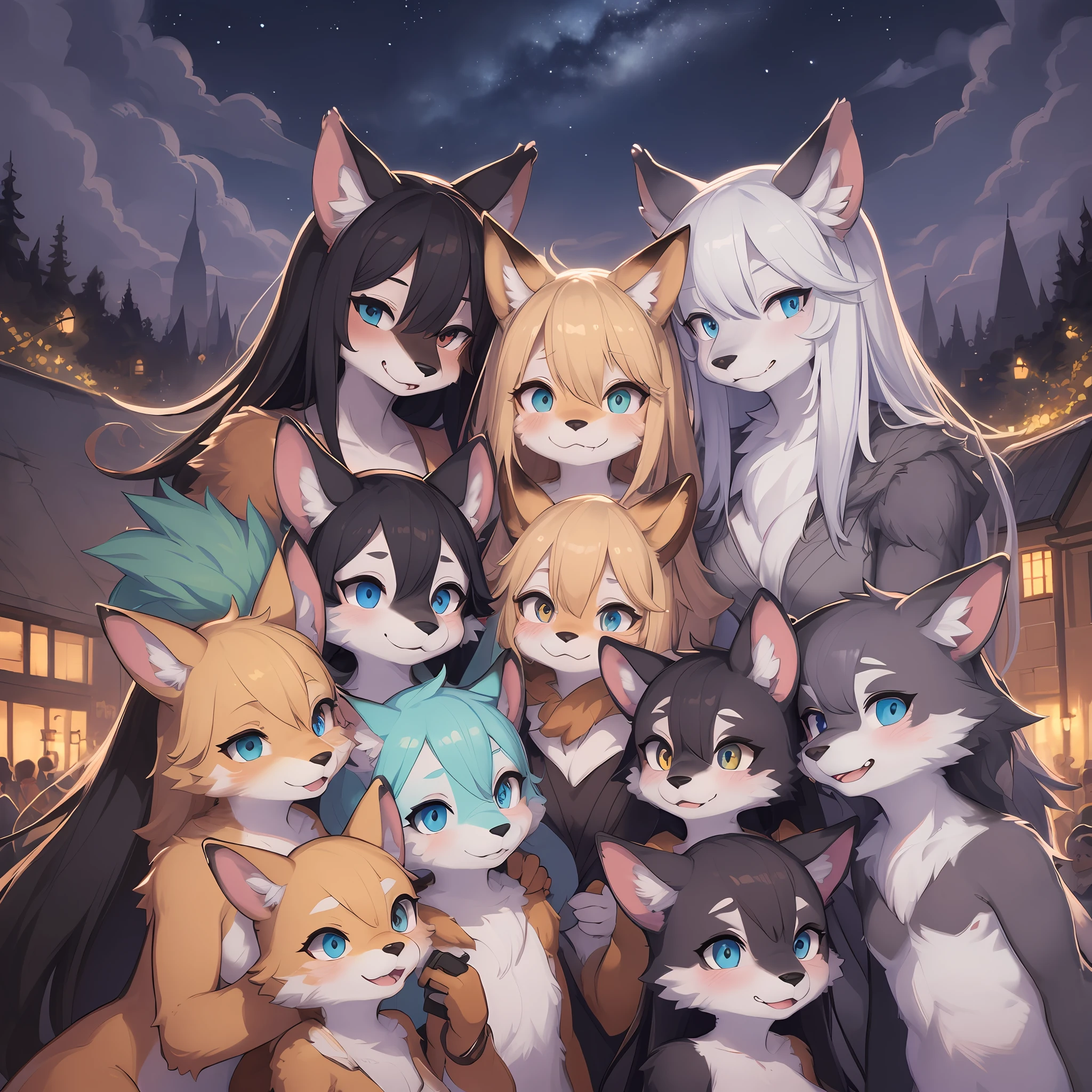 top quality, best quality, High-quality illustrations, masterpiece, super high resolution, detailed background, detailed background, Wedding attendees, chies, group shot, 6+boys, 6+girls, night sky, absurdres(highly detailed beautiful face and eyes)perfect ???????(Photo of family trip)(kemono, furry anthro)selfie,