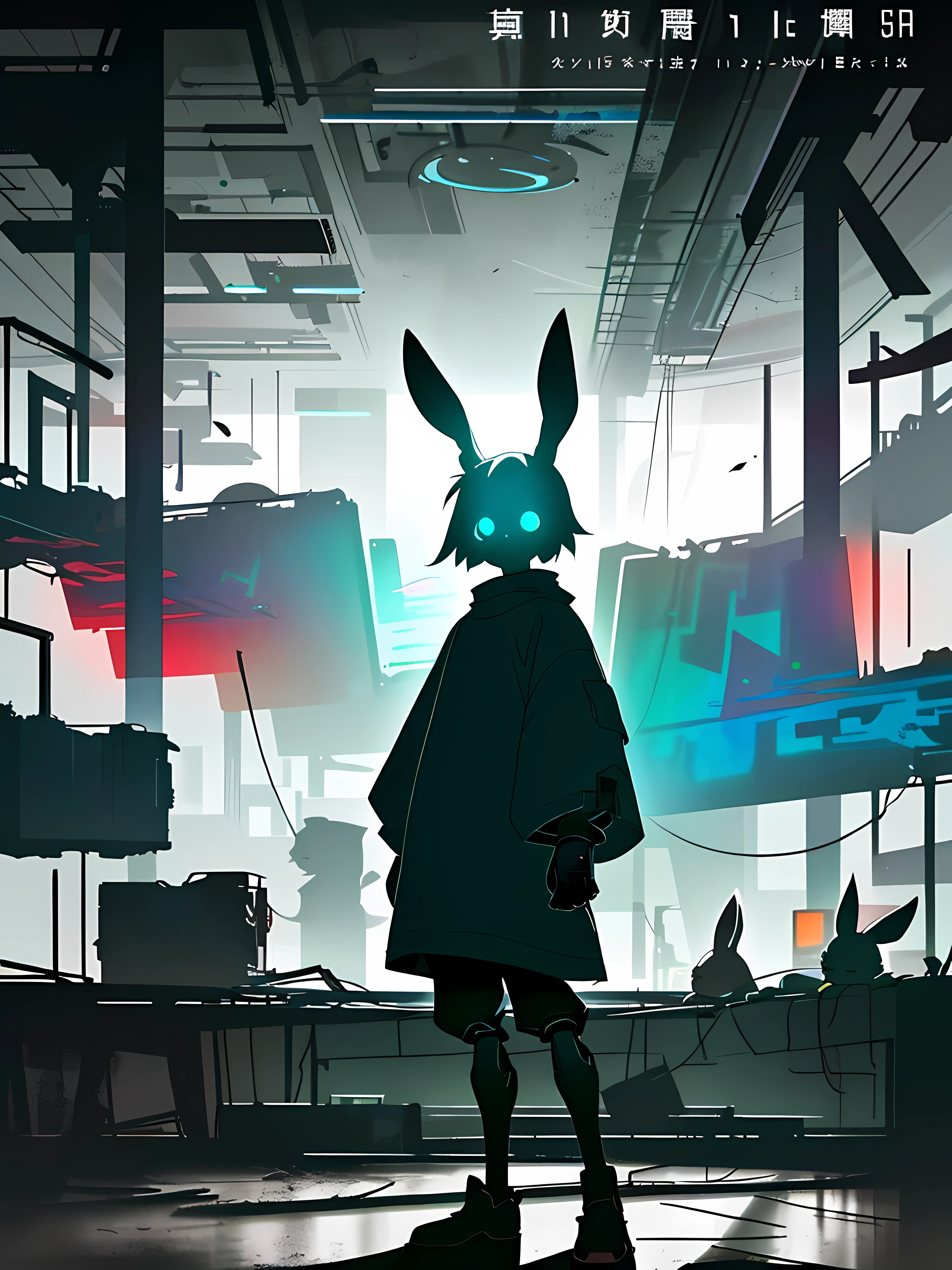 (blame! style abandoned tech landscape), (Zen, Amy Sol style), (underground, dark, foggy, perilous, abandoned dystopian apartment bedroom, deep windows), (abstract anthro rabbit figure wearing bunny ears), cover art with light abstraction, abstract, simple vector art, contemporary Cybernetic art, color gradients, soft color palettes, layered forms, whimsical animation, style Ethereal abstract, 4K, --v6