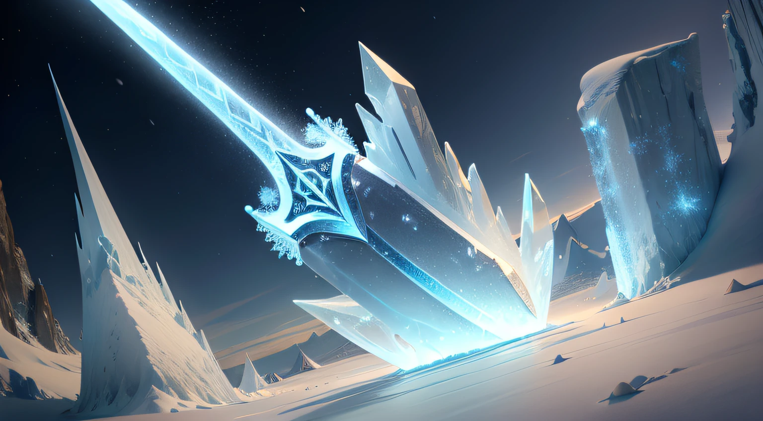 ice blade, sword, in antartica, magic blade, ((background: snow, light yellow magic aura, iceberg, blue sparkles)), (emitting strong whind, whirling around the blade), clear image, 8K quality, ultrawide, detailed