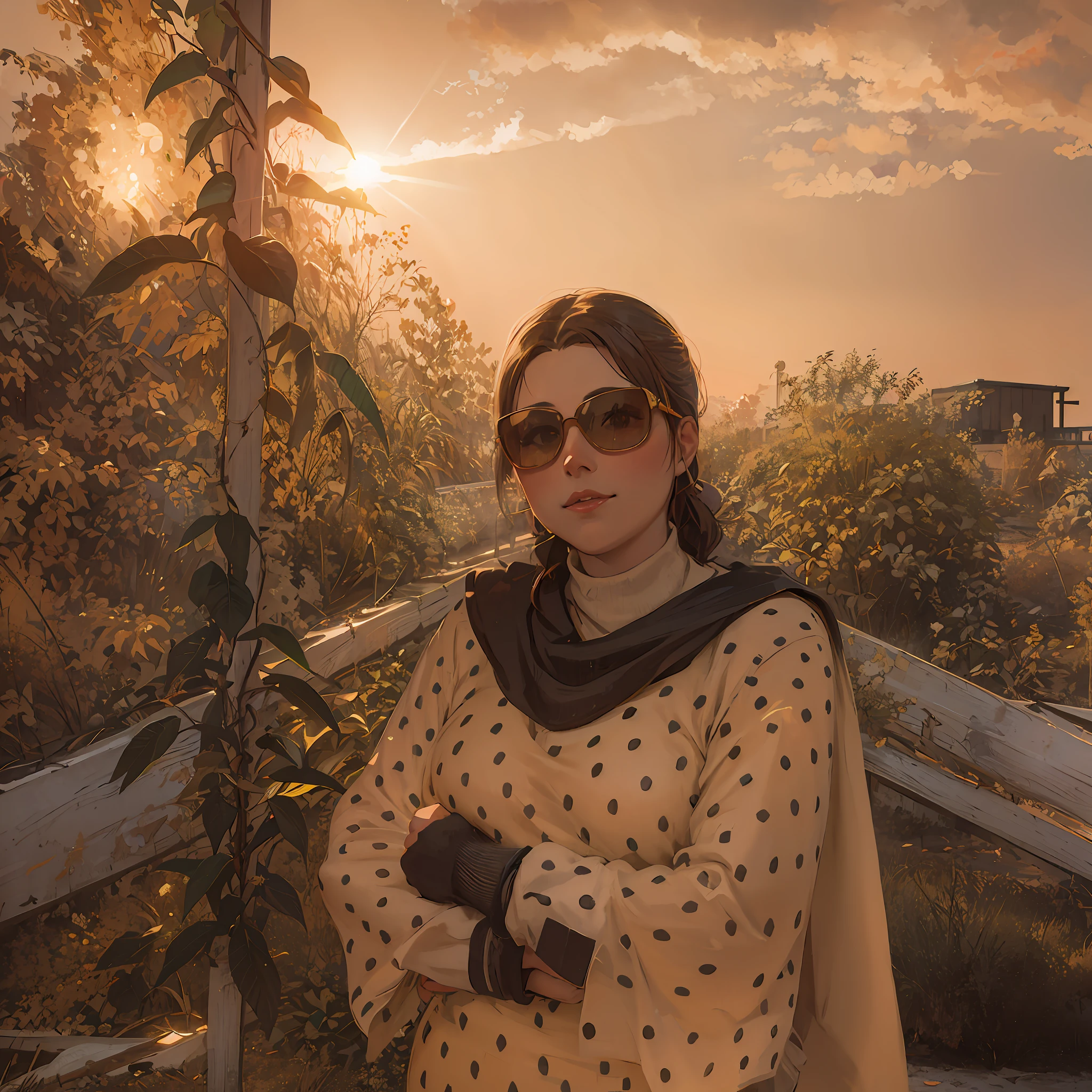 woman in a polka dot sweater and sunglasses standing on a wooden bridge, shot at golden hour, in the golden hour, cinematic outfit photo, at golden hour, at the golden hour, mid shot portrait, ( golden hour ), (golden hour), portrait shot, during golden hour, shot on nikon z9, taken at golden hour, with the sun shining on it