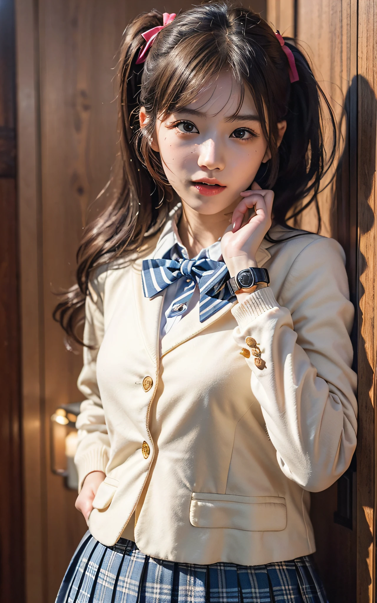 ((masterpiece))), (((top-quality))), ((ultra-detailliert)), (A hyper-realistic), (High Definition CG Illustration), Cinematic Light, Photorealsitic、((1 girl:1.2)),Very cute 16 yeata、deep in the night:1.2))、((The front door of your own house))、((Good anatomy:1.2))、((Plain dark blue blazer:1.2))、(((dark brown hair、pony-tail hair:1.2)))、「I am back」Saying、Opens mouth and laughs、Red cheeks、Detailed eye、A detailed face、kawaii、Beautiful skins、((a bow tie、Pleated skirt))、Detailed fabric texture、((Family of Japan:1.2))、blur backgroun、incandescent lamps