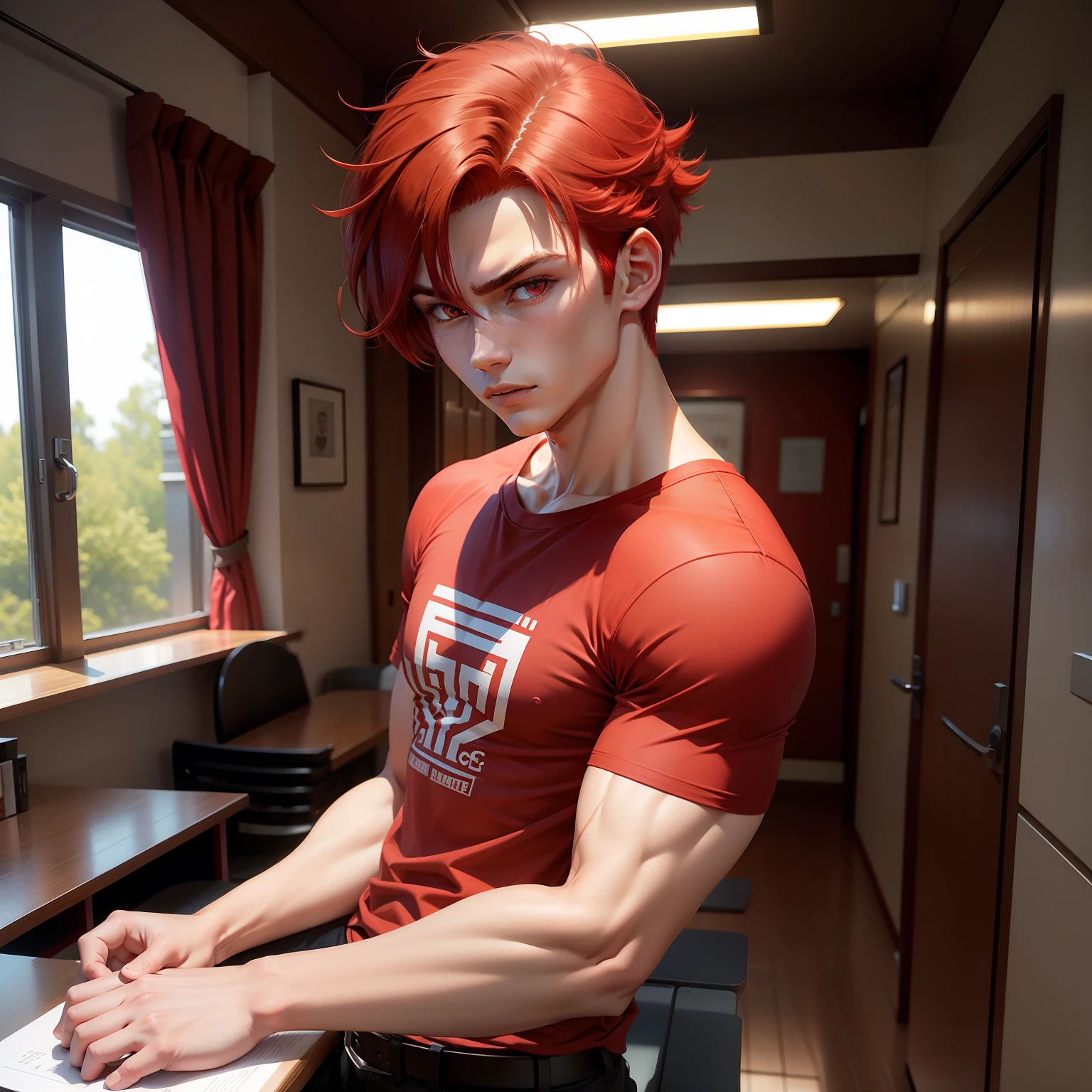 Two-dimensional male student Crimson hair Crimson pupils Crimson short-sleeved shirt