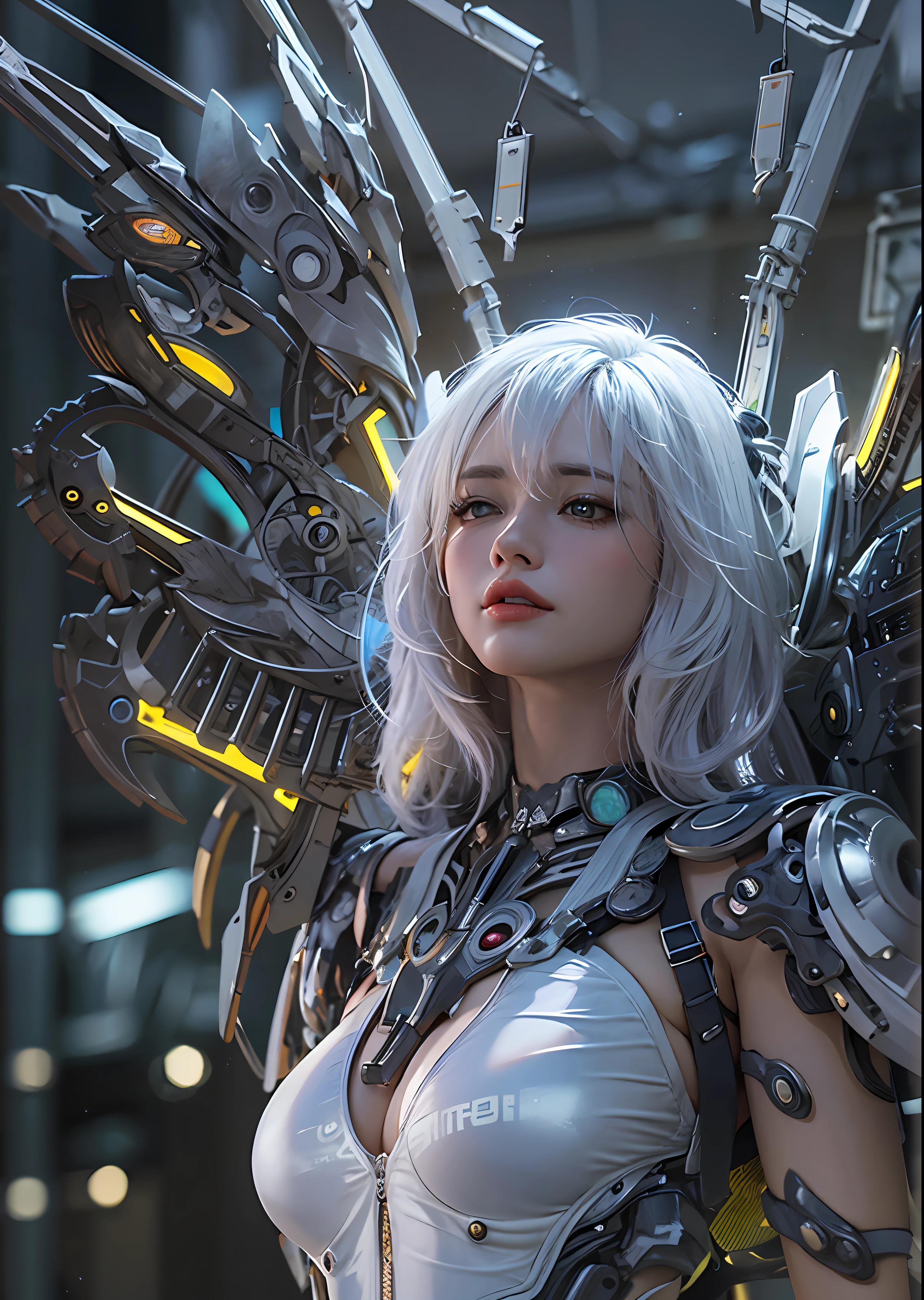 top-quality、masterpiece、超A high resolution、(Photorealsitic:1.4)、Raw photo、Cyborg Angel、large wings made of metal、White porcelain body、white hair、glowy skin、1 Cyborg Girl、((super realistic details))、portlate、globalillumination、Shadow、octan render、8K、ultrasharp、character edge light,Colossal tits、Raw skin is exposed in cleavage、Details of complex ornaments、Acrylic Clear Cover、Detailed hydraulic cylinders from Sumer、Small LED lamp、highly intricate detail、Realistic light、a purple eye、radiant eyes、Facing the camera、neon details、cowboy shot、Futuristic headgear、About Cyberpunk、、