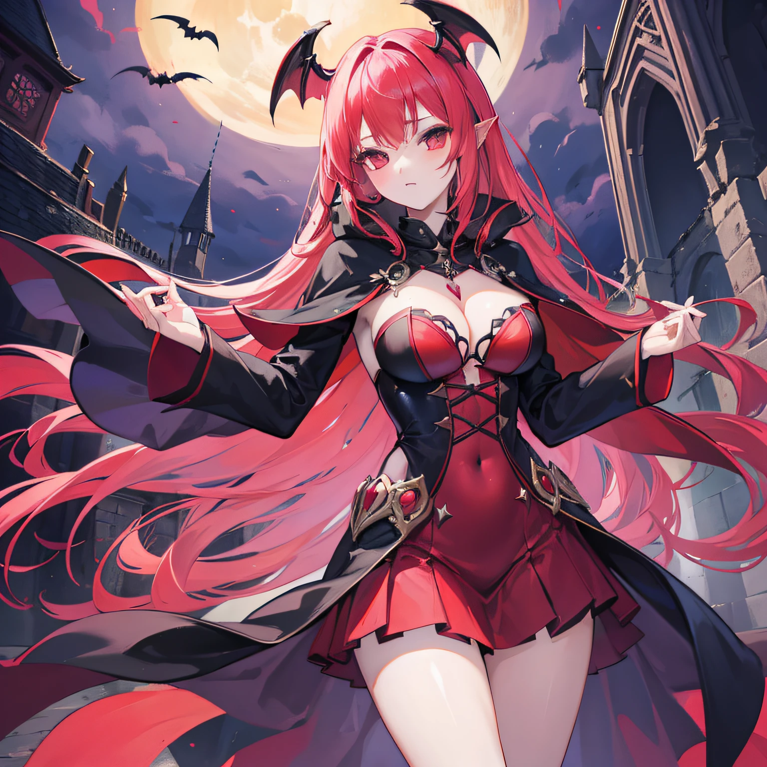 a beautiful succubus, gotik, beautiful vampire queen, beautiful elegant demon queen,huge tit 、red hairs、a miniskirt、cloaks、Spooky castle