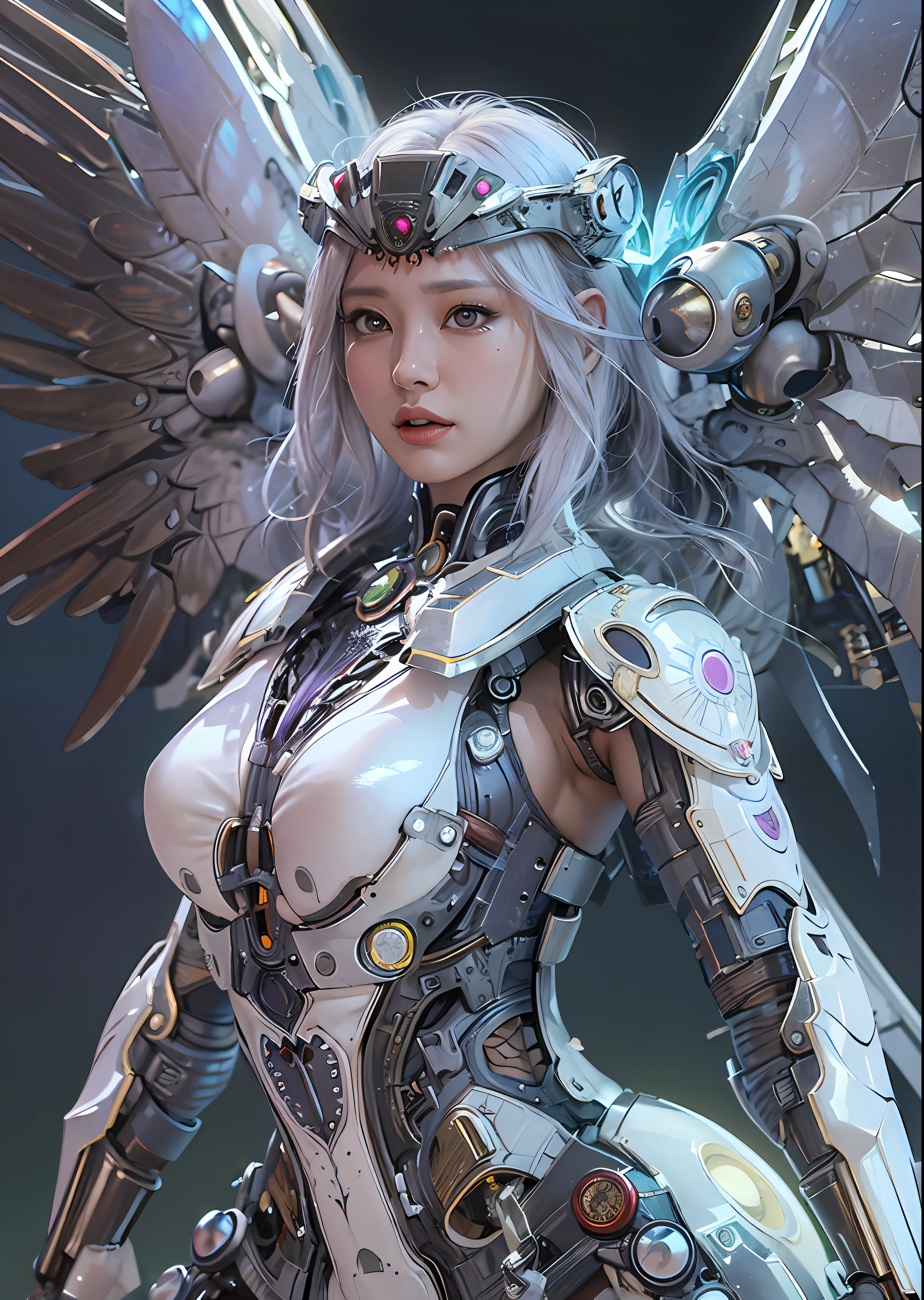 top-quality、masterpiece、超A high resolution、(Photorealsitic:1.4)、Raw photo、Cyborg Angel、large wings made of metal、White porcelain body、white hair、glowy skin、1 Cyborg Girl、((super realistic details))、portlate、globalillumination、Shadow、octan render、8K、ultrasharp、character edge light,Colossal tits、Raw skin is exposed in cleavage、Details of complex ornaments、Acrylic Clear Cover、Detailed hydraulic cylinders from Sumer、Small LED lamp、highly intricate detail、Realistic light、a purple eye、radiant eyes、Facing the camera、neon details、cowboy shot、Futuristic headgear、About Cyberpunk、、