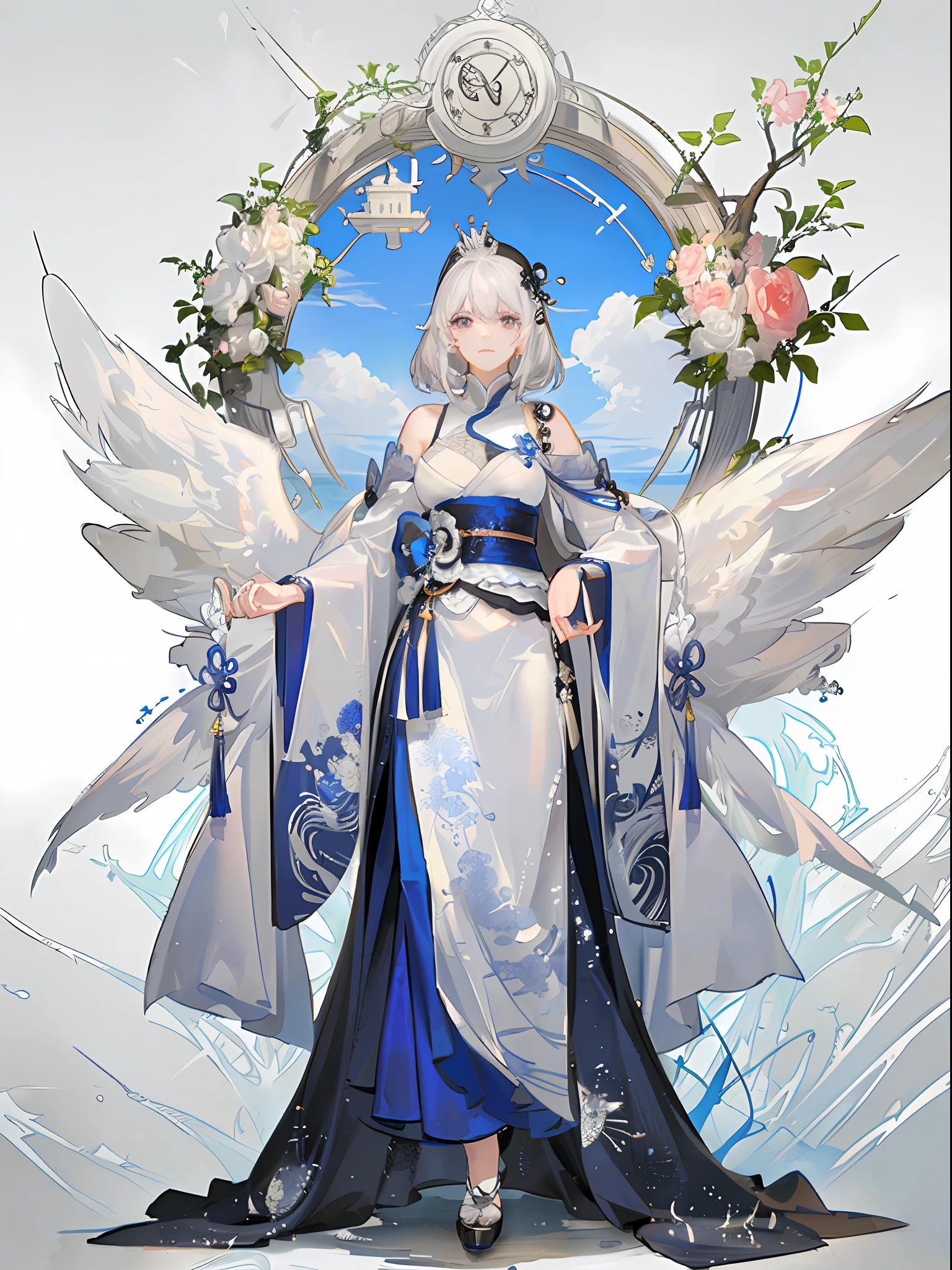 Goddess of white hair，A diamond crown is worn on his head，Wearing a pearl white dress，fresh flowers，large wings，White-haired god，Yang J，Epic and beautiful character art，Stunning character art，FAN Qi，Wu Zhun Shifan，Guvitz at the Pixiv Art Station
